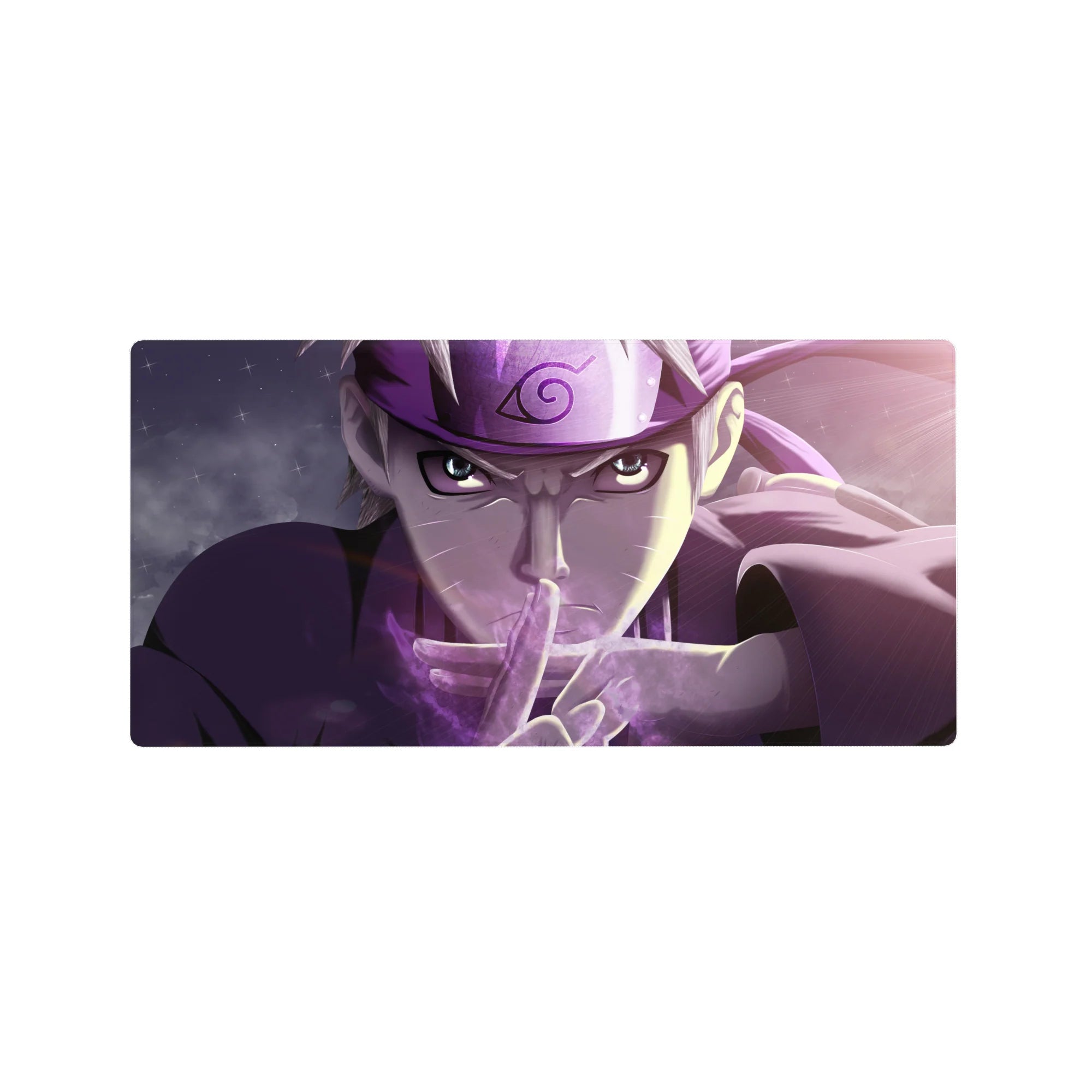 Naruto anime mouse pad 32x16 inches with Leaf headband hero in dynamic hand-sign pose.