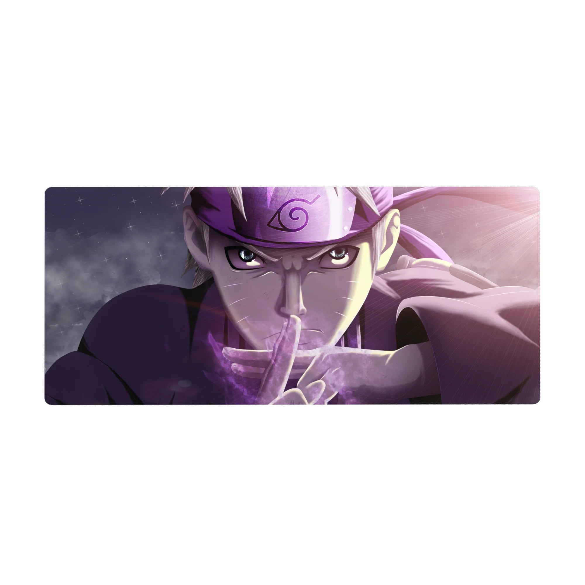 Naruto anime desk pad 36x16 inches with smoky purple swirl background and starry glow, Leaf headband detail.