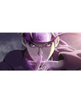 Naruto anime desk pad 36x16 inches with smoky purple swirl background and starry glow, Leaf headband detail.