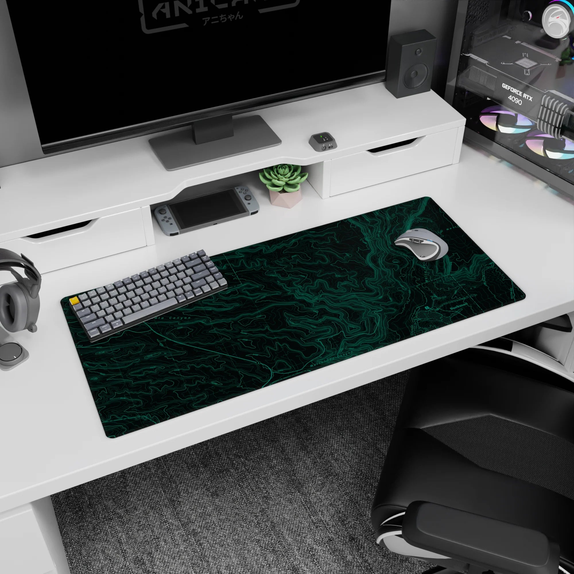 Topographic (Topo) Deskmat | Mousepad | Deskpad - Green Terrain Map - AniChan