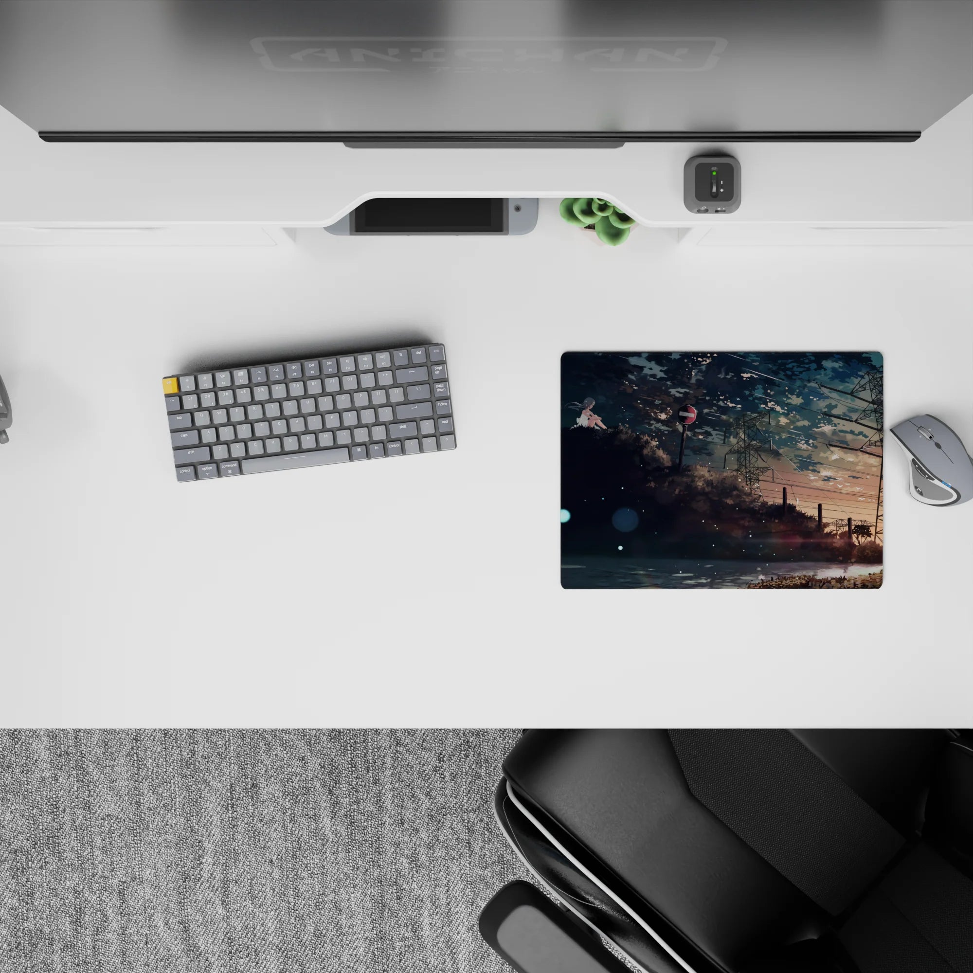 Classic anime desk pad 14x10 inches in soft blue, peach, and gold with a calm cinematic mood.