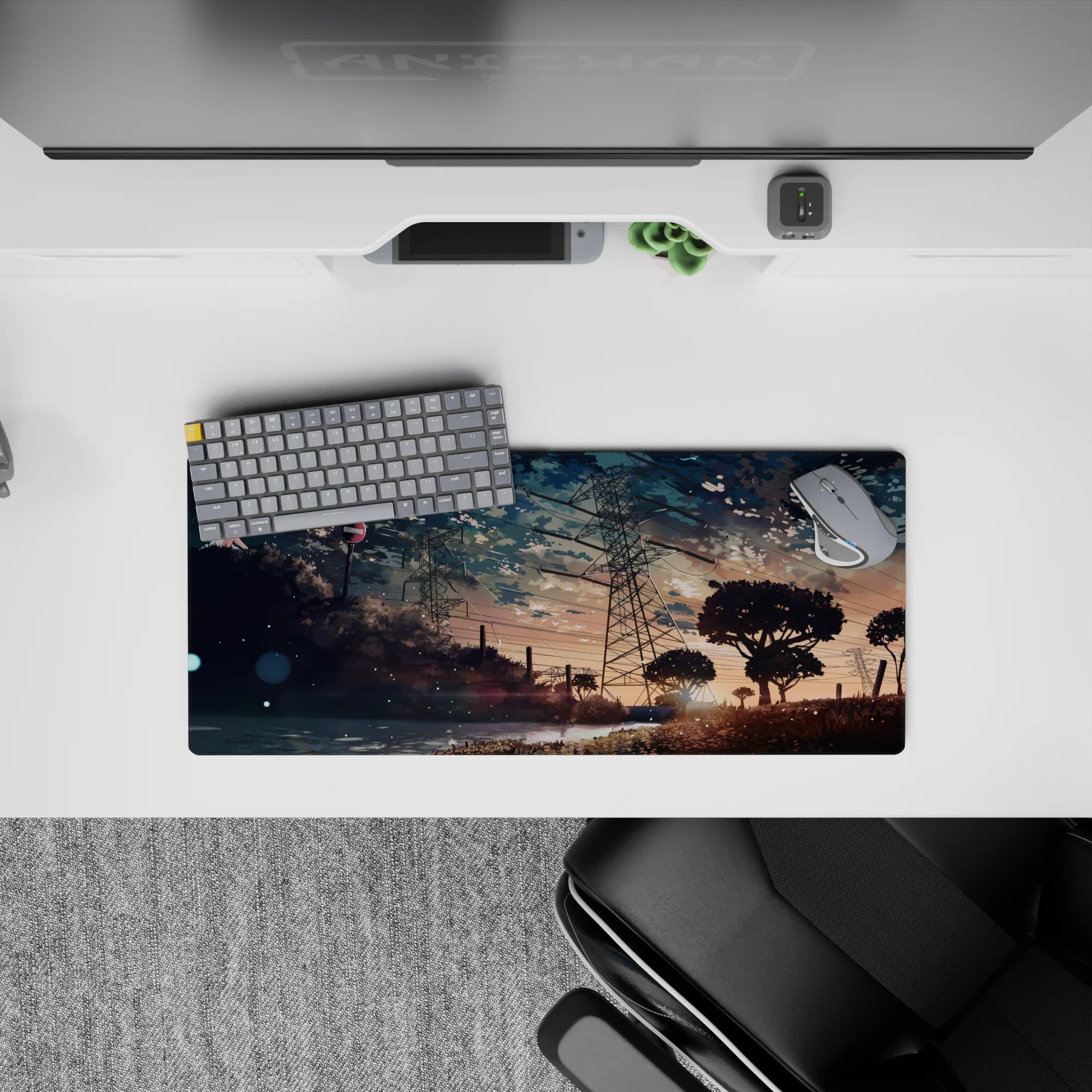 Anime desk pad 28x12 inches in soft blue, peach, and gold, with a calm, cinematic summer mood.