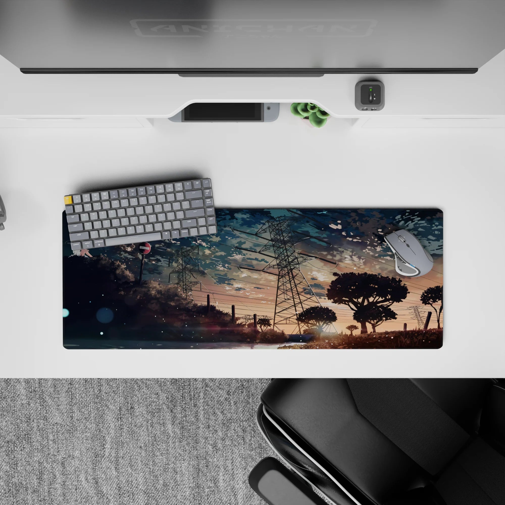 Anime desk pad 32x12 inches in soft blue, peach, and gold tones with a quiet cinematic mood.