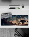Anime desk pad 32x12 inches in soft blue, peach, and gold tones with a quiet cinematic mood.