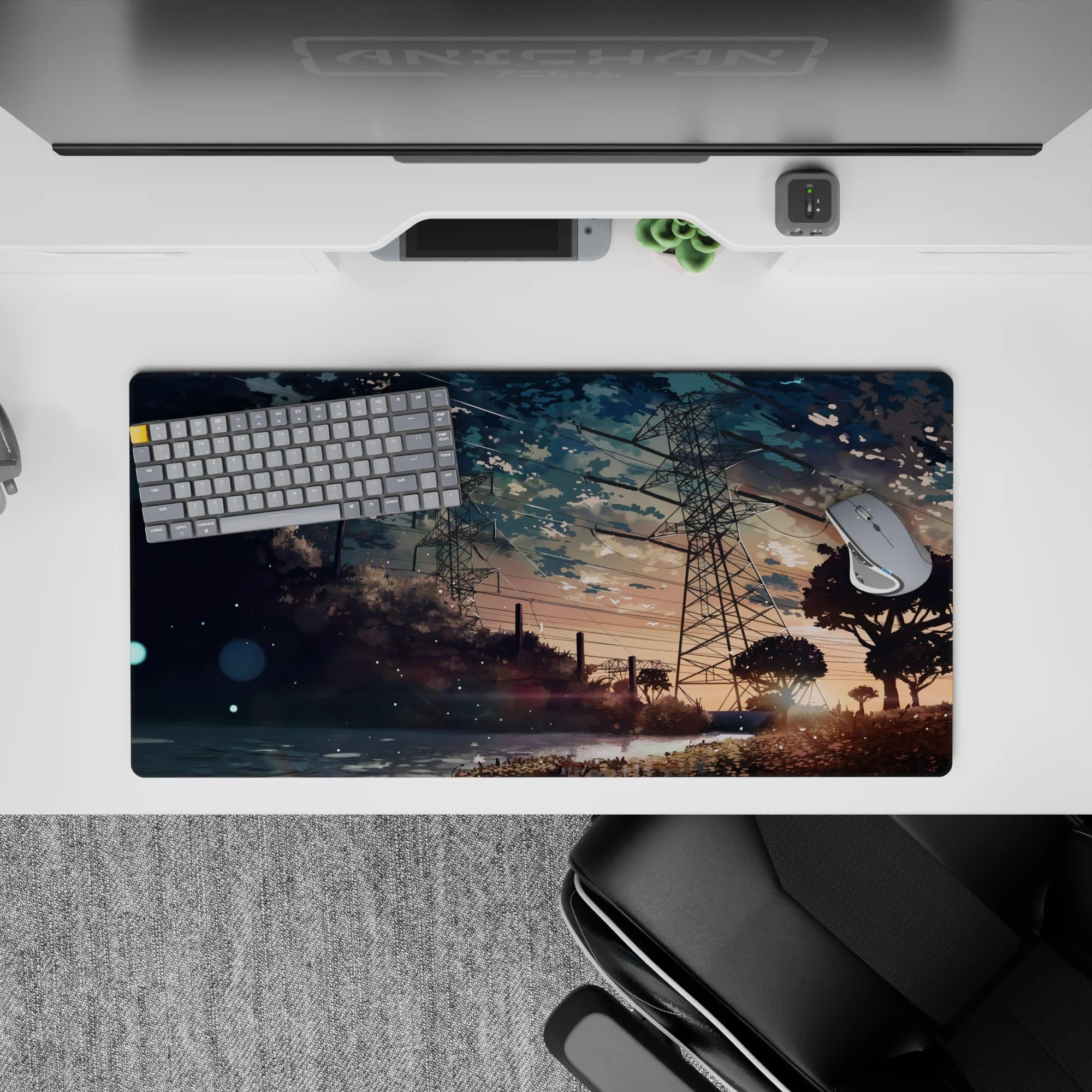 32x16 inches anime desk pad in blue, peach, and gold sunset tones with a quiet, cinematic mood.