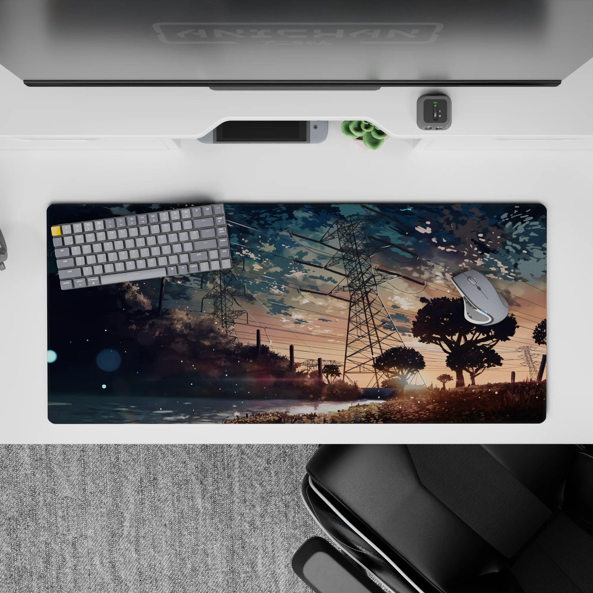 36x16 inches anime mouse pad in blue, peach, and gold tones with a quiet, cinematic summer mood.