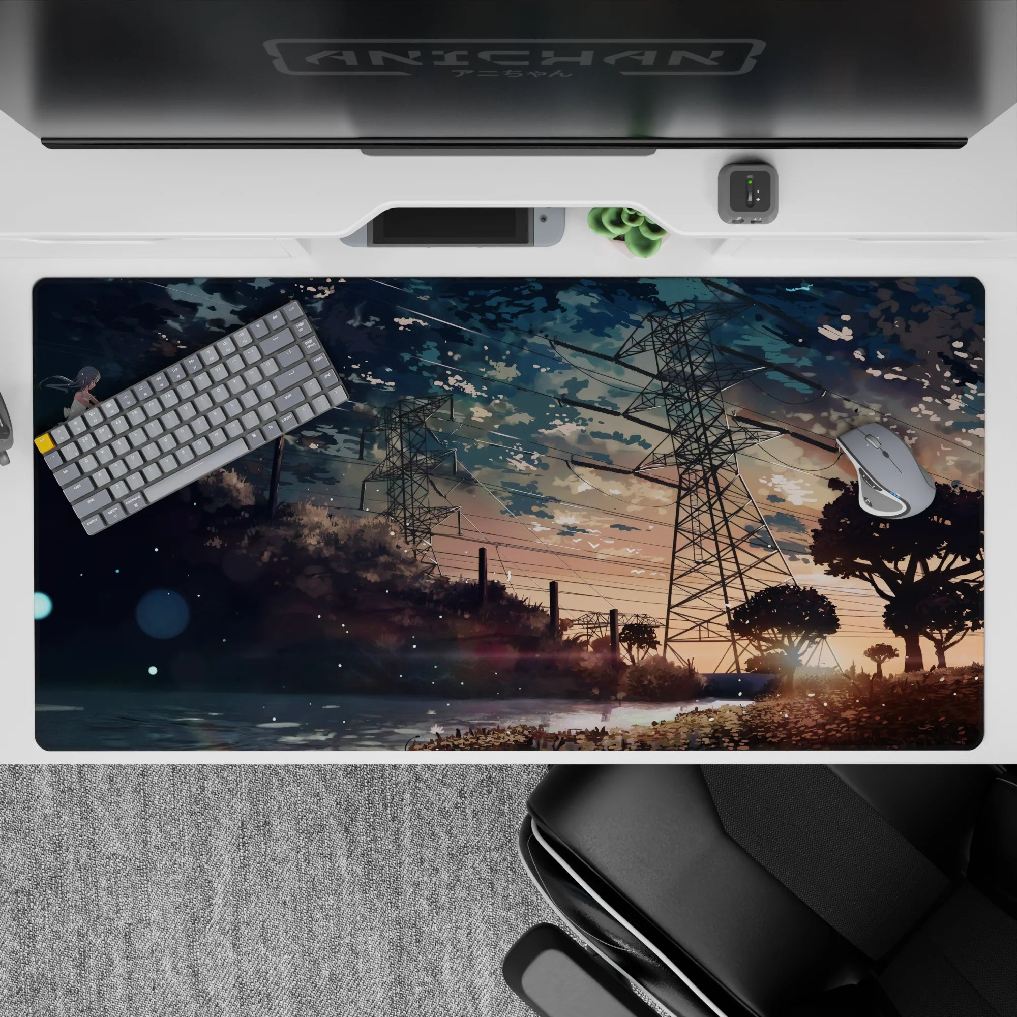 Anime mouse pad 40x20 inches in blue, peach, and gold, with a quiet late-summer sunset mood.