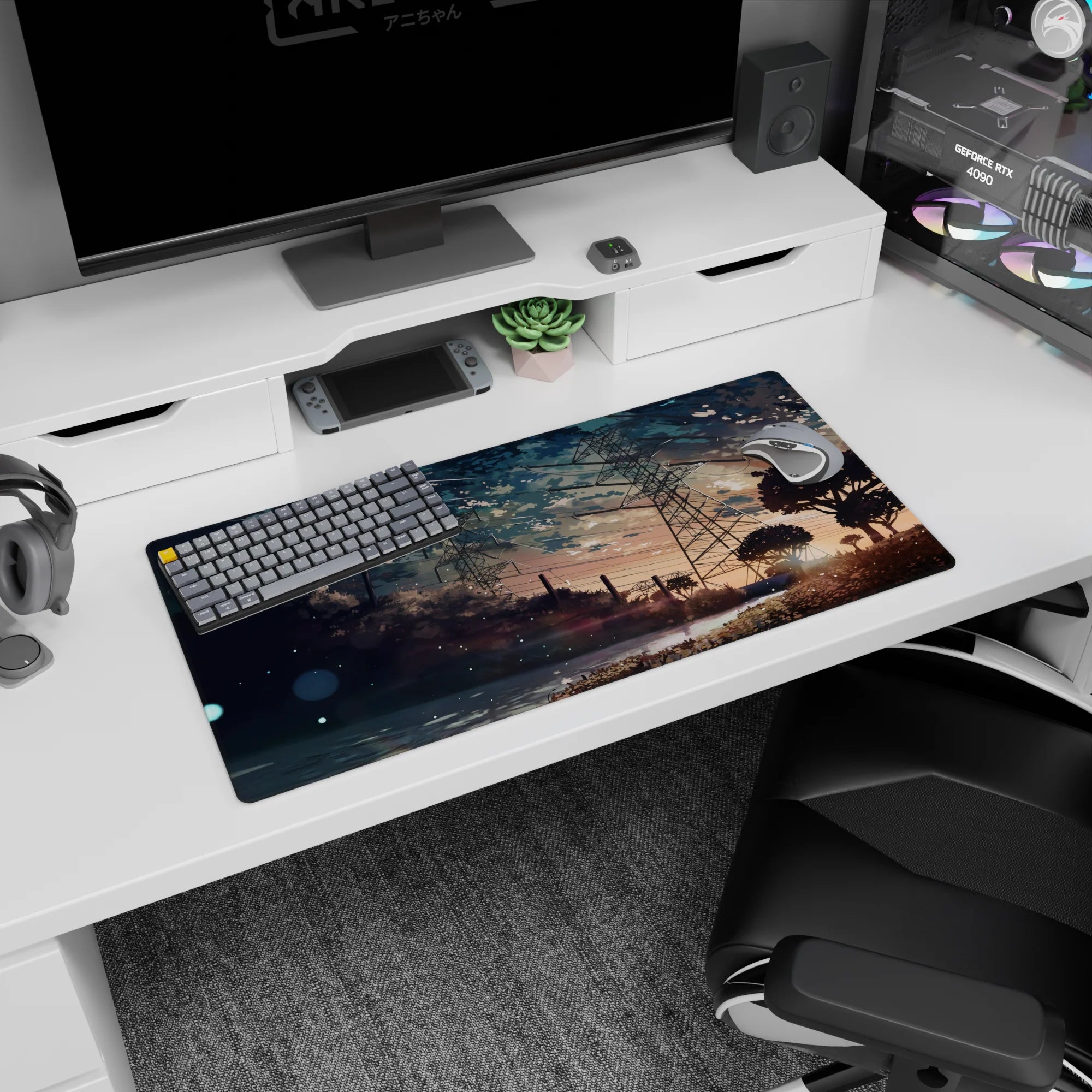 32x16 inches anime mouse pad featuring a lone girl in a pale dress overlooking water and dark brush.