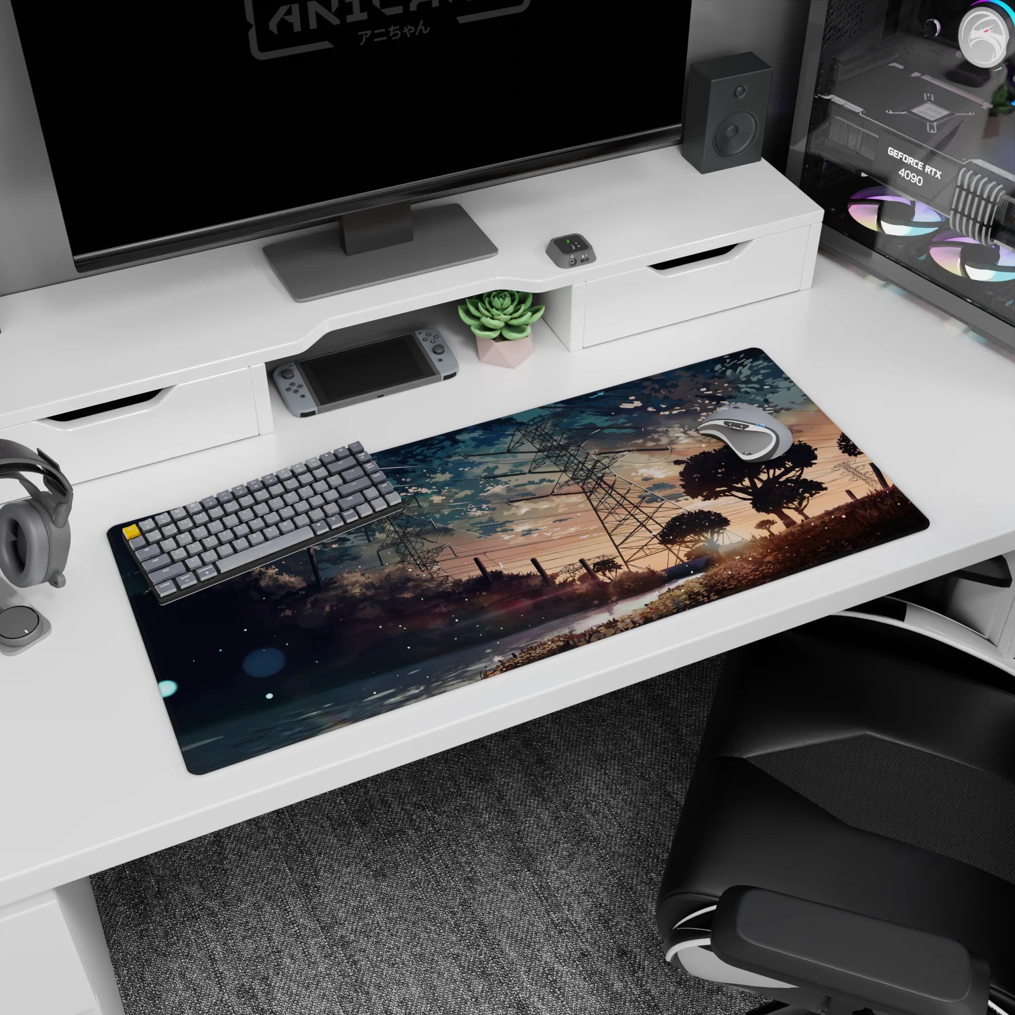 36x16 inches anime desk pad showing a girl on a grassy hill above water and dark brush at dusk.