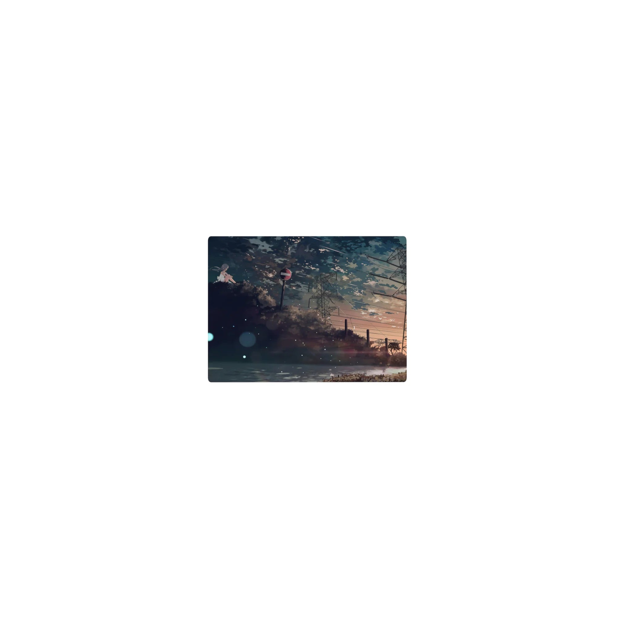 Classic anime mouse pad 14x10 inches with lakeside sunset scene, power lines, and grassy hill.