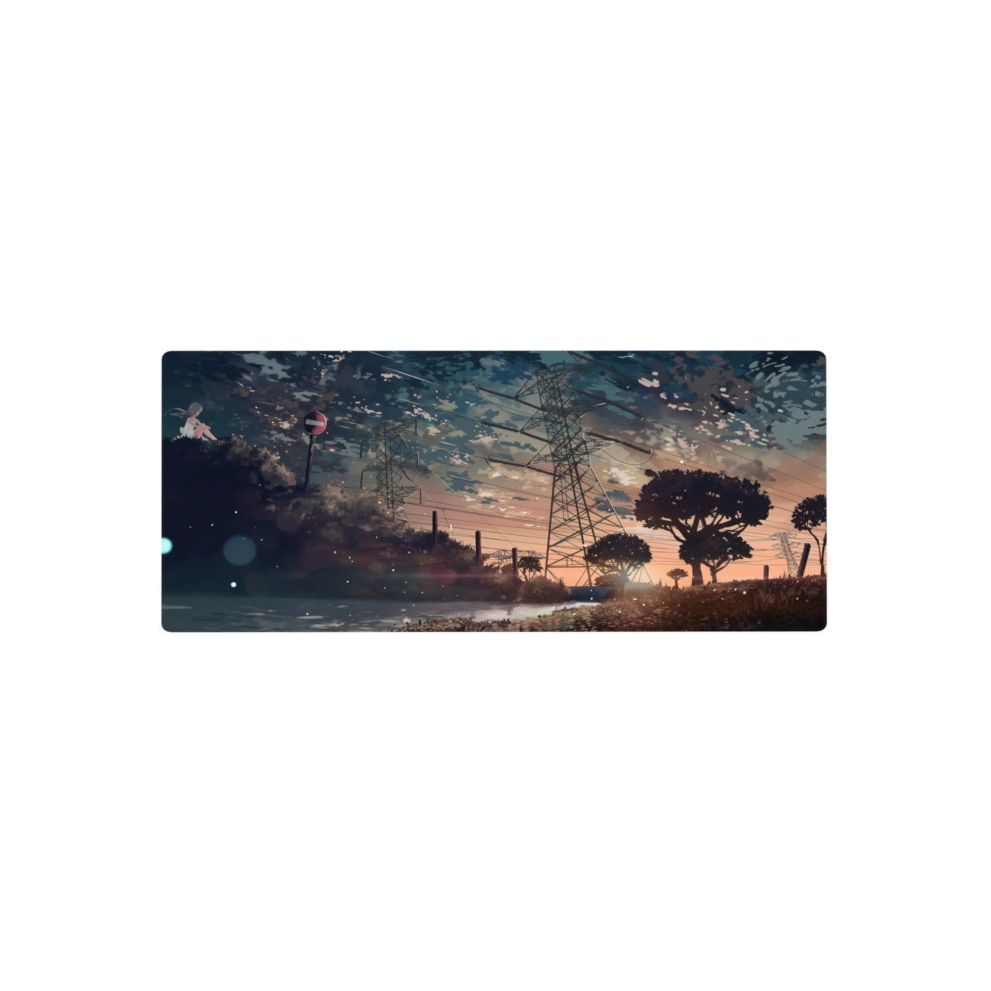 Anime mouse pad 28x12 inches with a girl by reflective water, power lines, and a summer sunset sky.