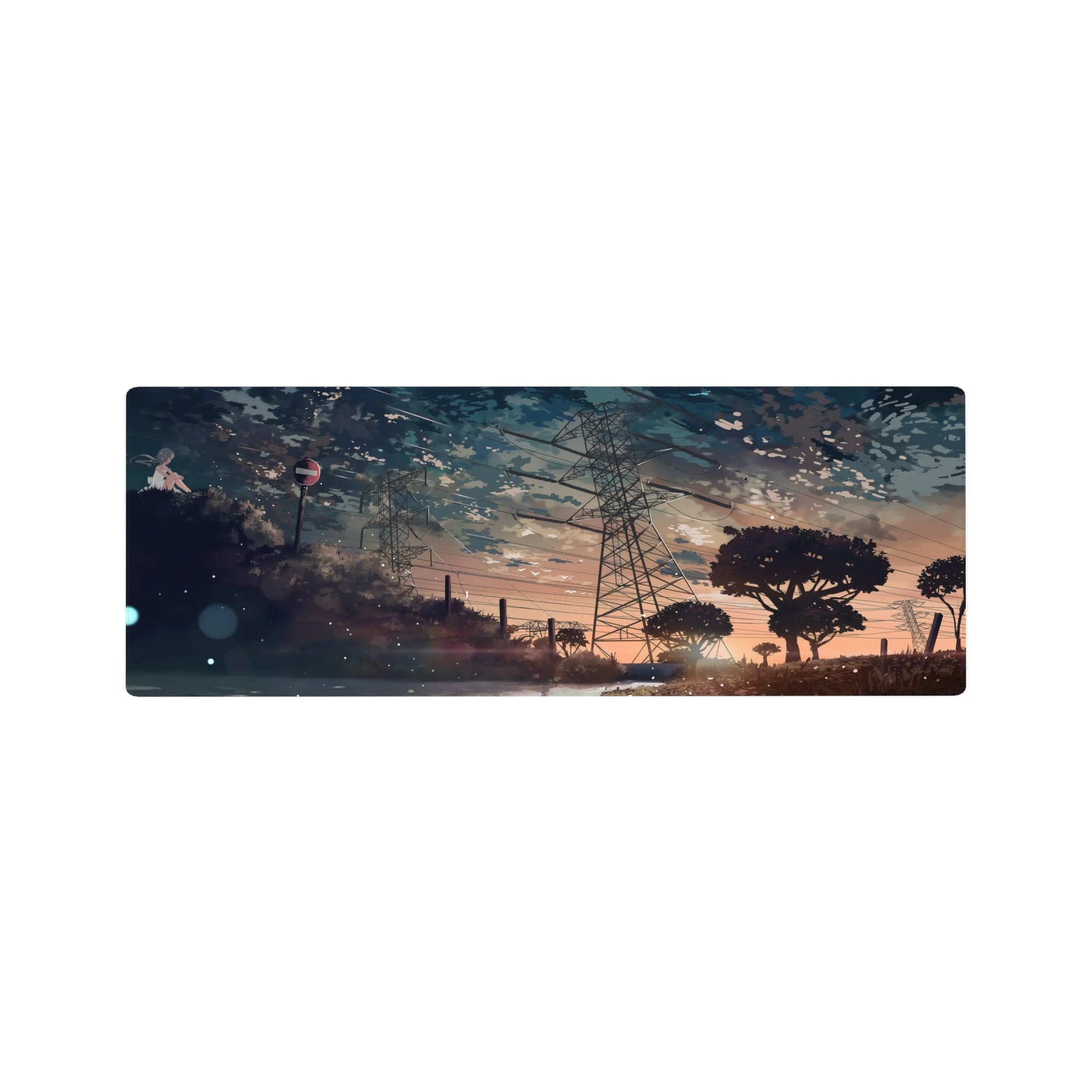 Anime mouse pad 32x12 inches with serene lakeside scene, power lines, and summer sunset sky.