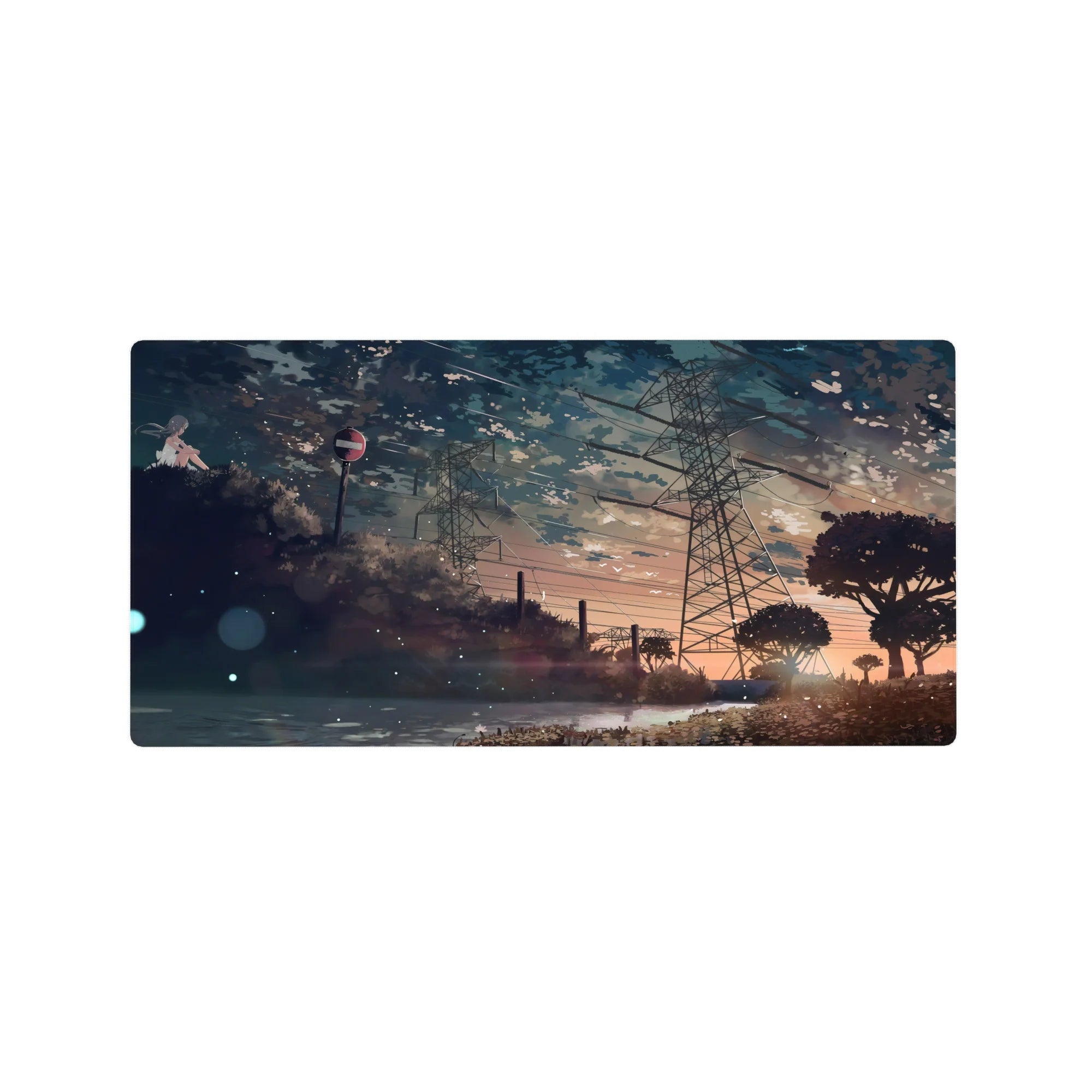 32x16 inches anime mouse pad with a girl by reflective water, grassy hill, and towering power lines.