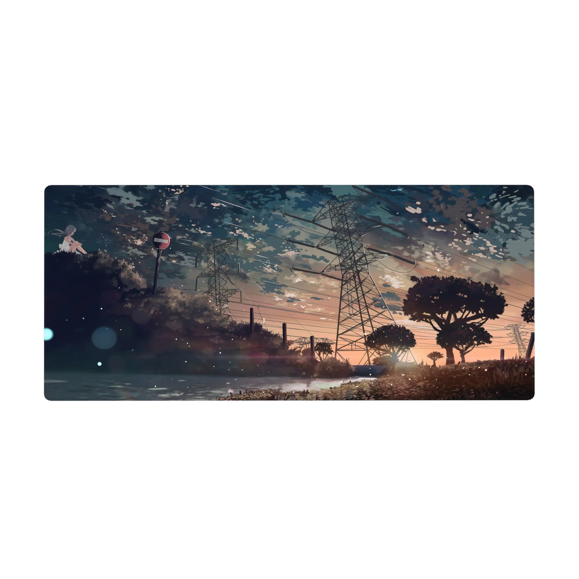 Anime desk pad 36x16 inches with lone girl by reflective water, power lines, and sunset sky.
