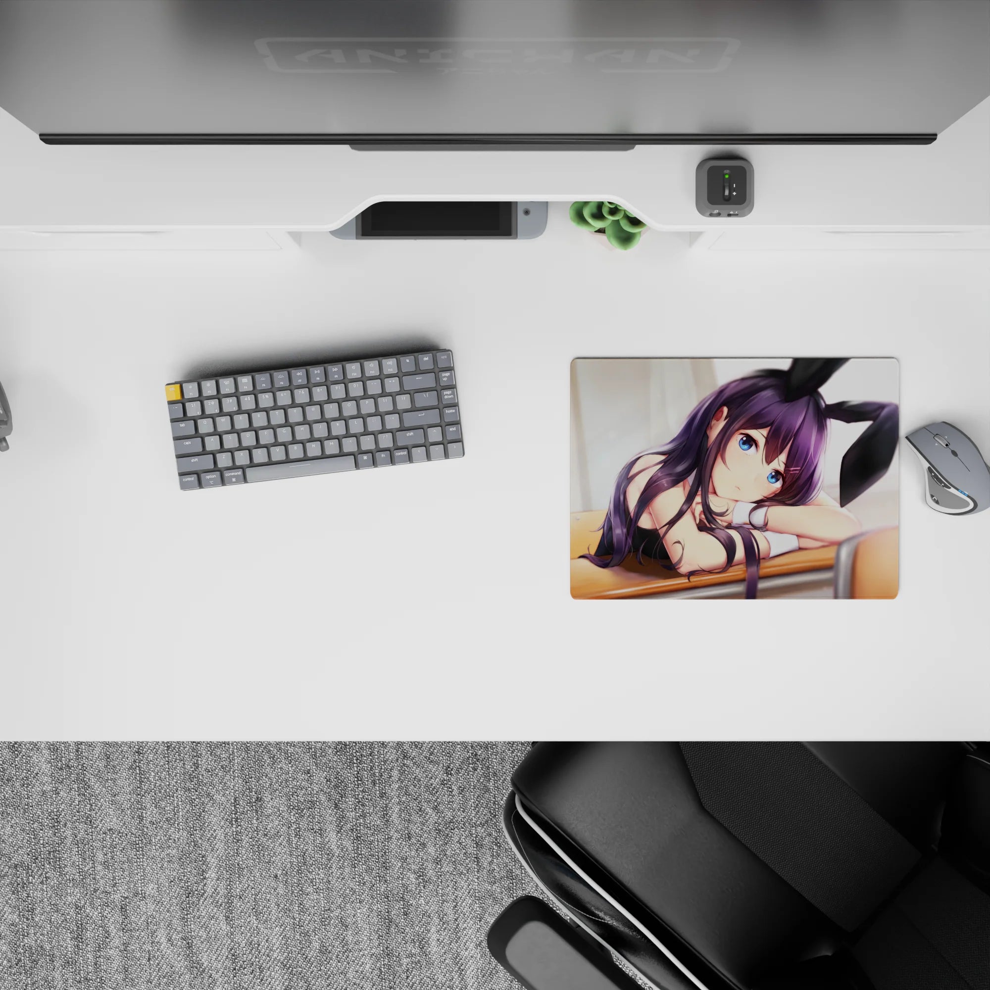 Pastel dreamy 14x10 inches anime mouse pad, cozy soft light with violet hair and bright blue eyes.