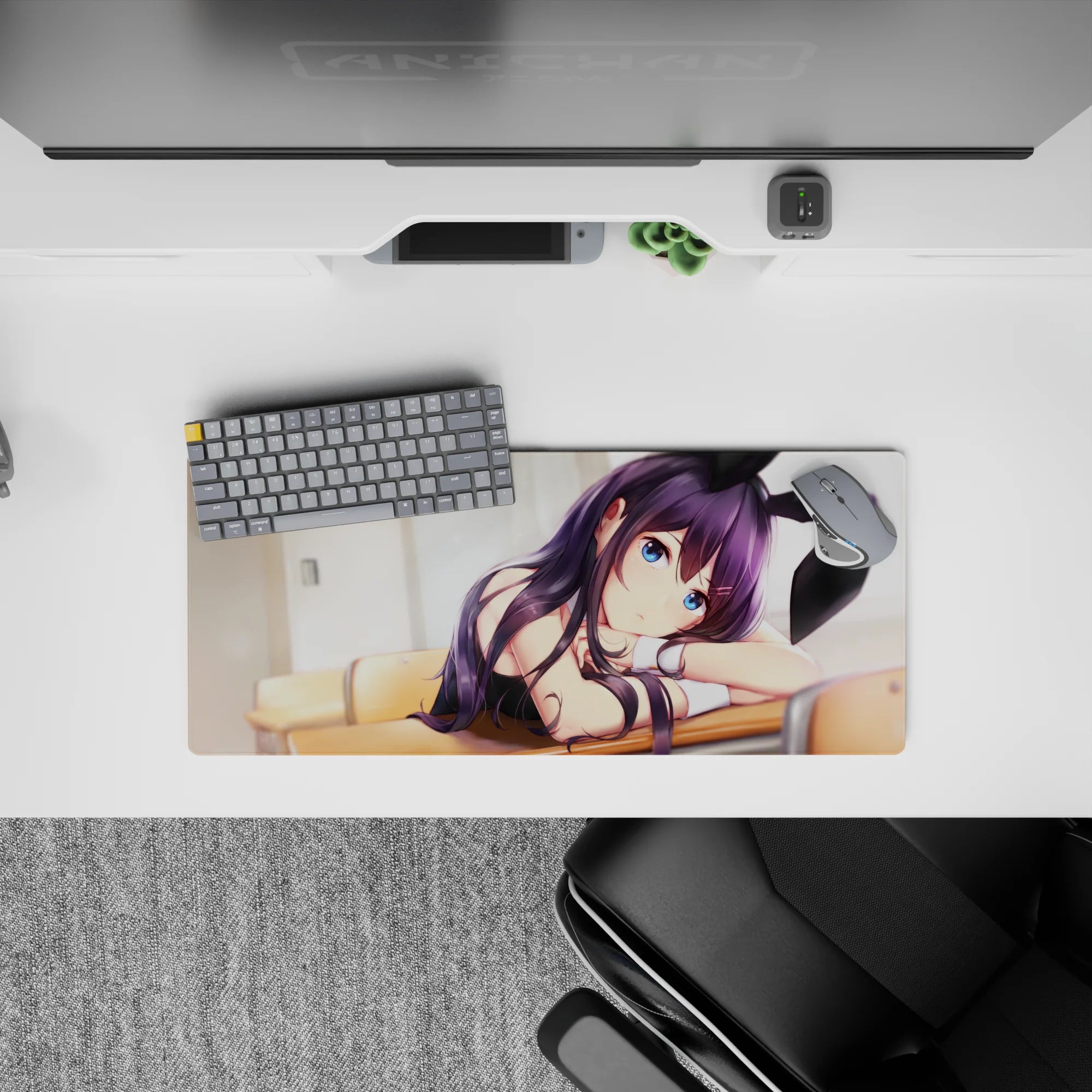 28x12 inches pastel anime mouse pad in dreamy soft light, cozy desk vibe with violet hair and blue eyes.