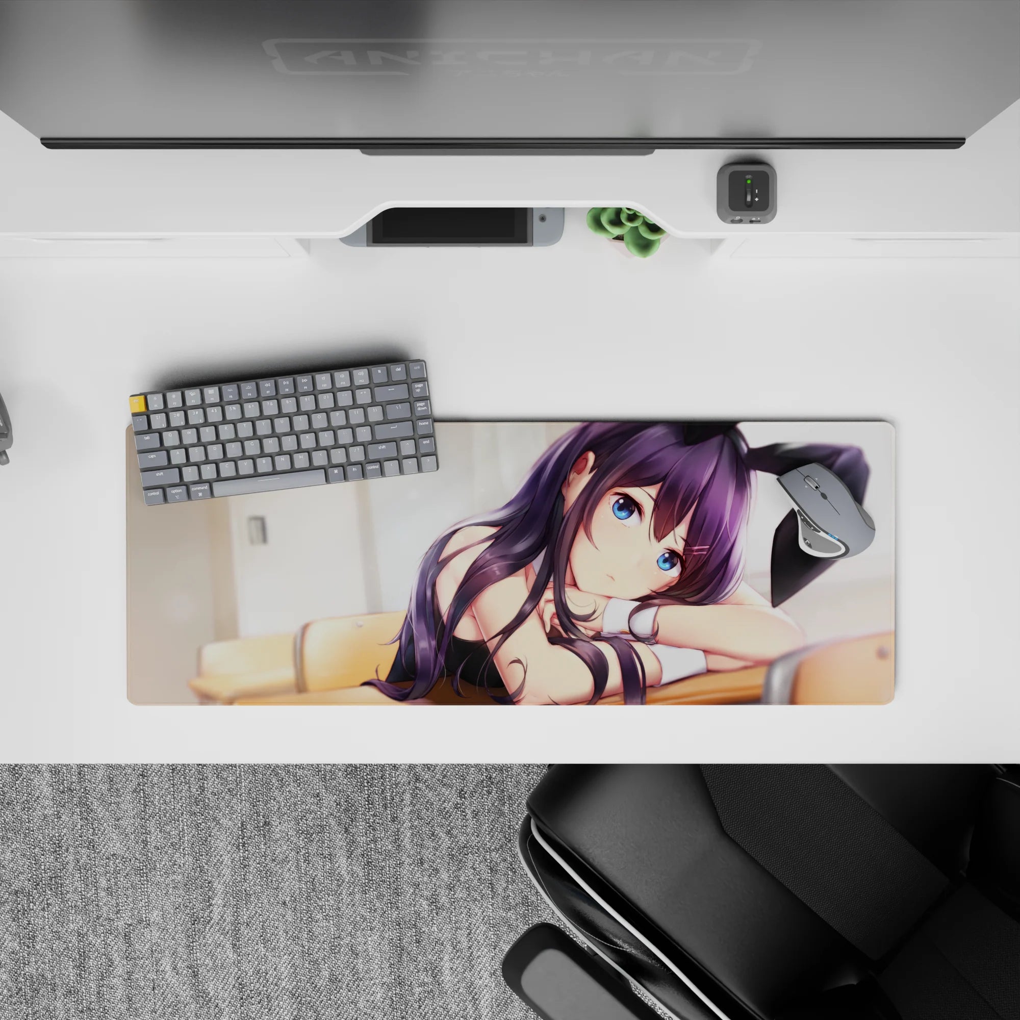 32x12 inches pastel anime mouse pad with dreamy cozy vibe, violet hair, warm wood desk, soft light.