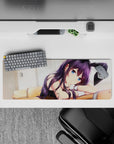 32x12 inches pastel anime mouse pad with dreamy cozy vibe, violet hair, warm wood desk, soft light.