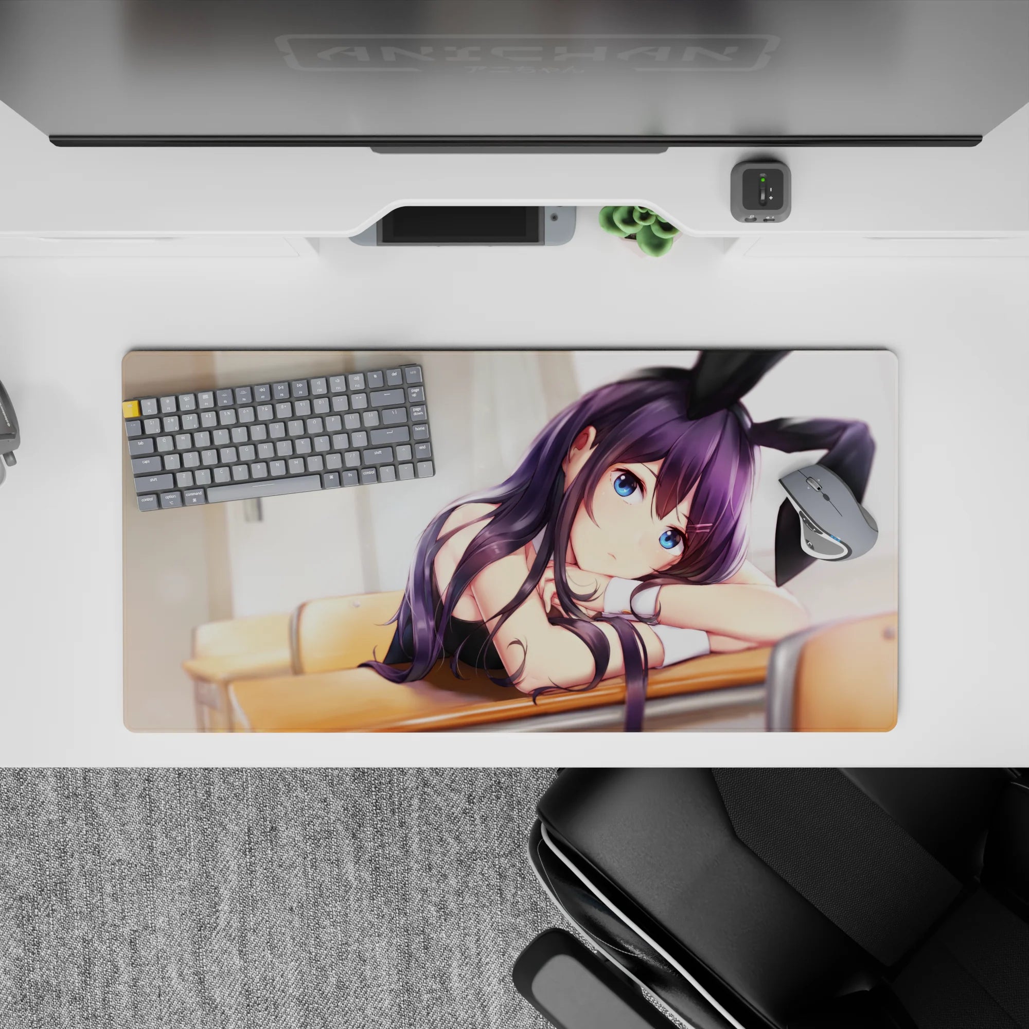 32x16 inches pastel anime mouse pad in dreamy cozy tones, bright blue eyes and soft light vibes.