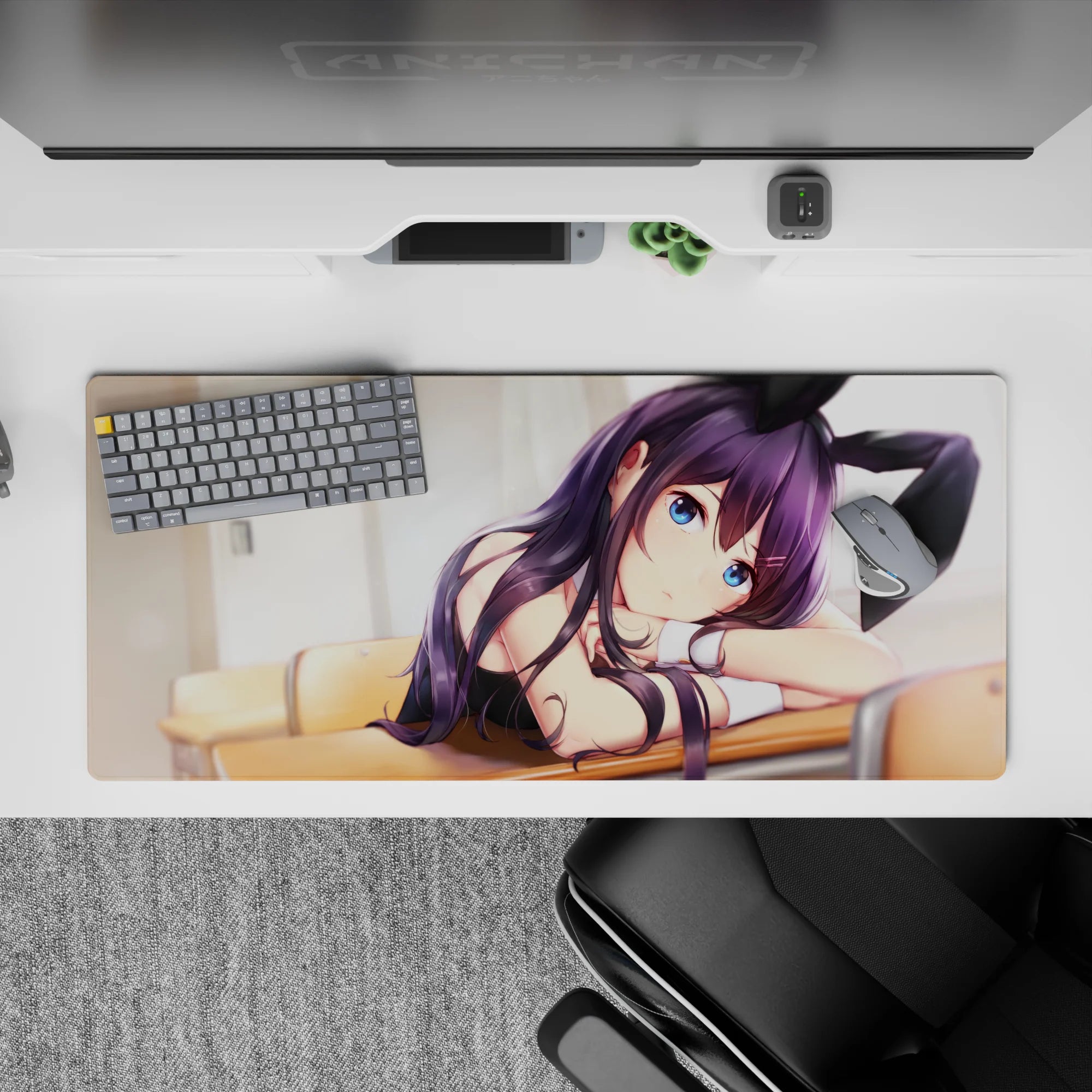 Pastel cozy 36x16 inches anime desk pad in soft light, warm wood desk tones, dreamy cute vibes.