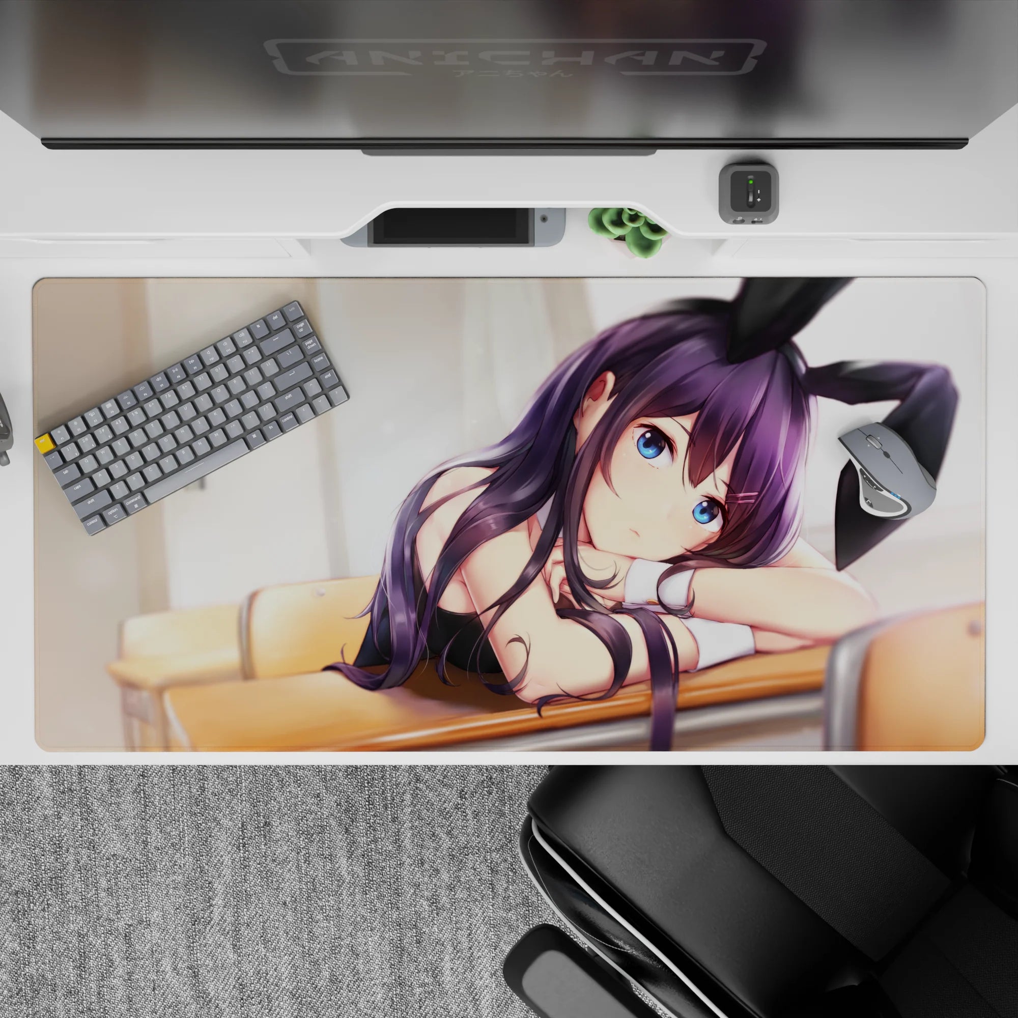 40x20 inches pastel desk pad in dreamy violet tones, soft light, cozy sleepy vibe, smooth tracking.