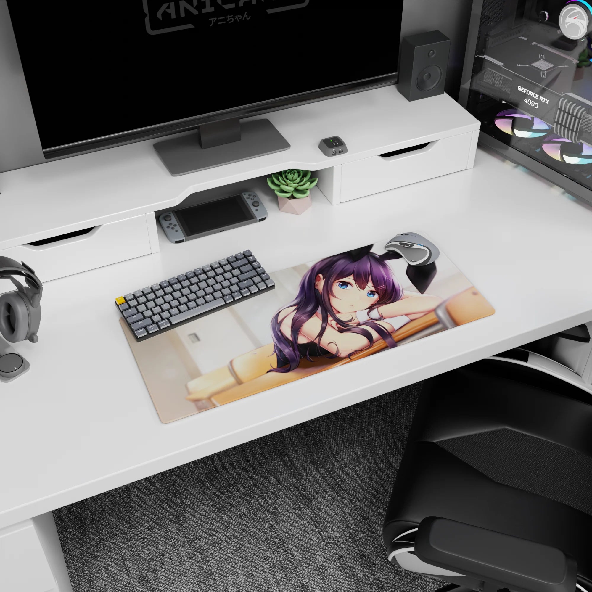28x12 inches mouse pad showing bunny-eared anime girl leaning on a wooden desk, white wrist cuffs.