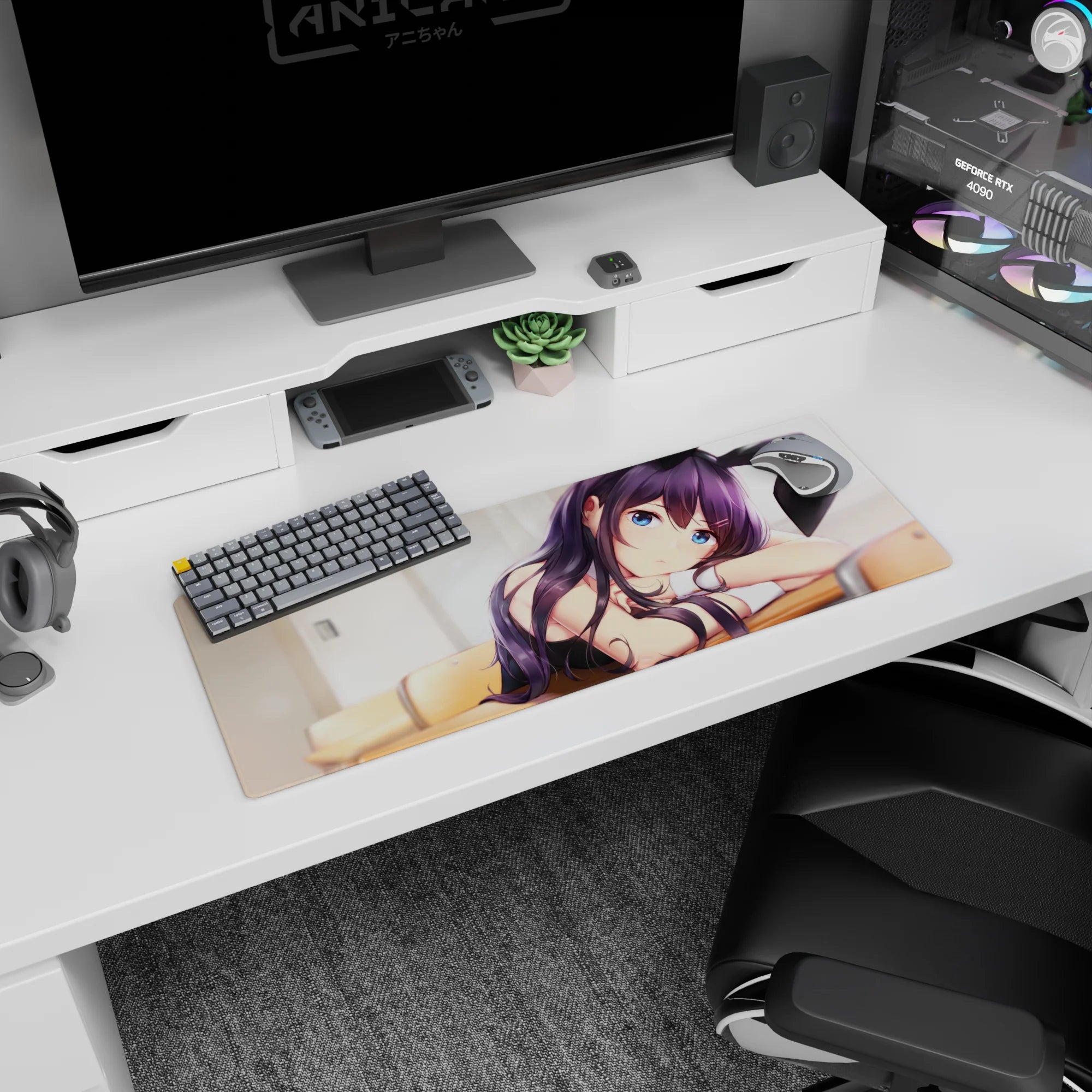 32x12 inches anime desk mat showing bunny-eared girl leaning on wooden desk, bright blue eyes, cuffs.