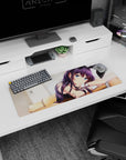 32x12 inches anime desk mat showing bunny-eared girl leaning on wooden desk, bright blue eyes, cuffs.