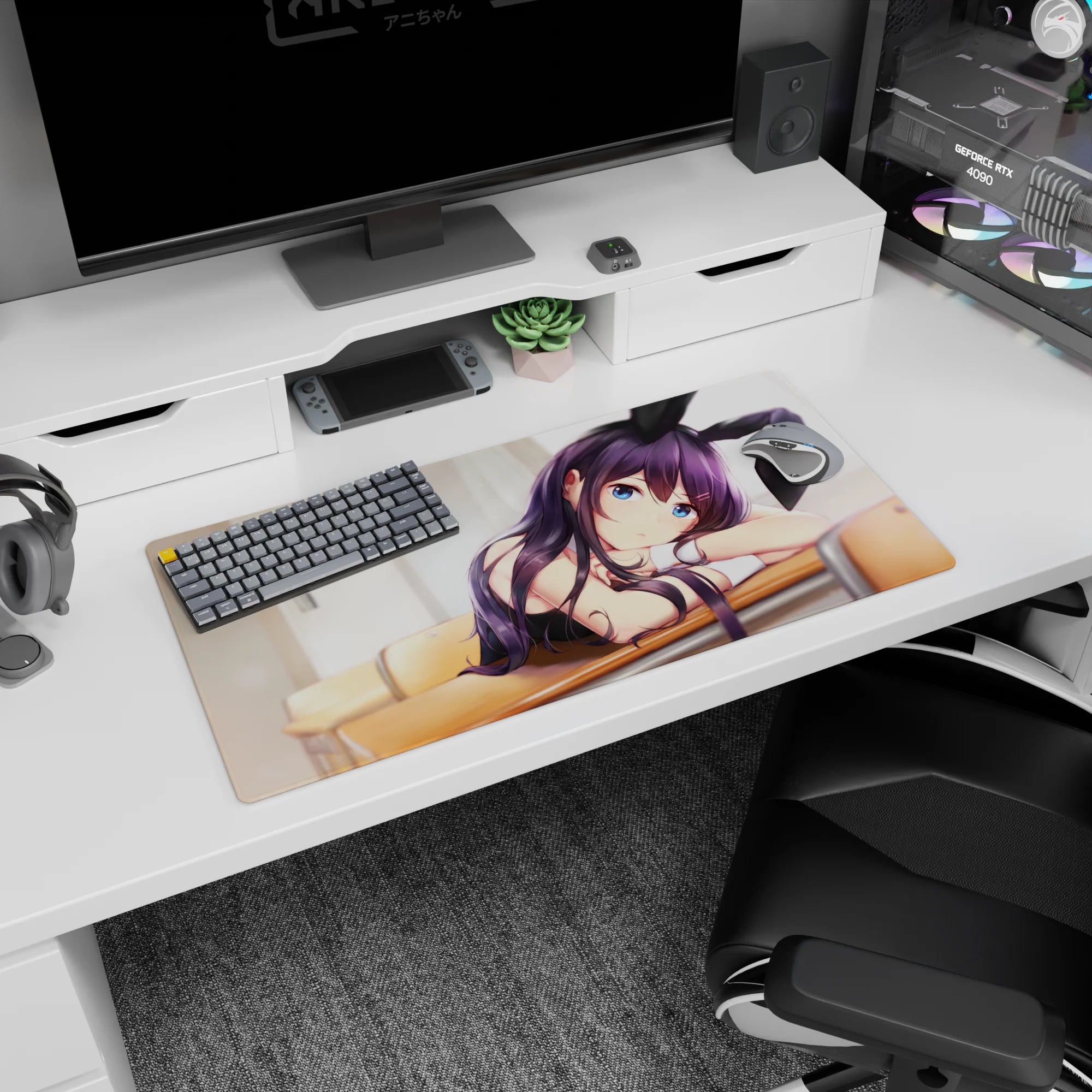 32x16 inches anime girl mouse pad showing violet-haired bunny girl leaning over a warm wooden desk.
