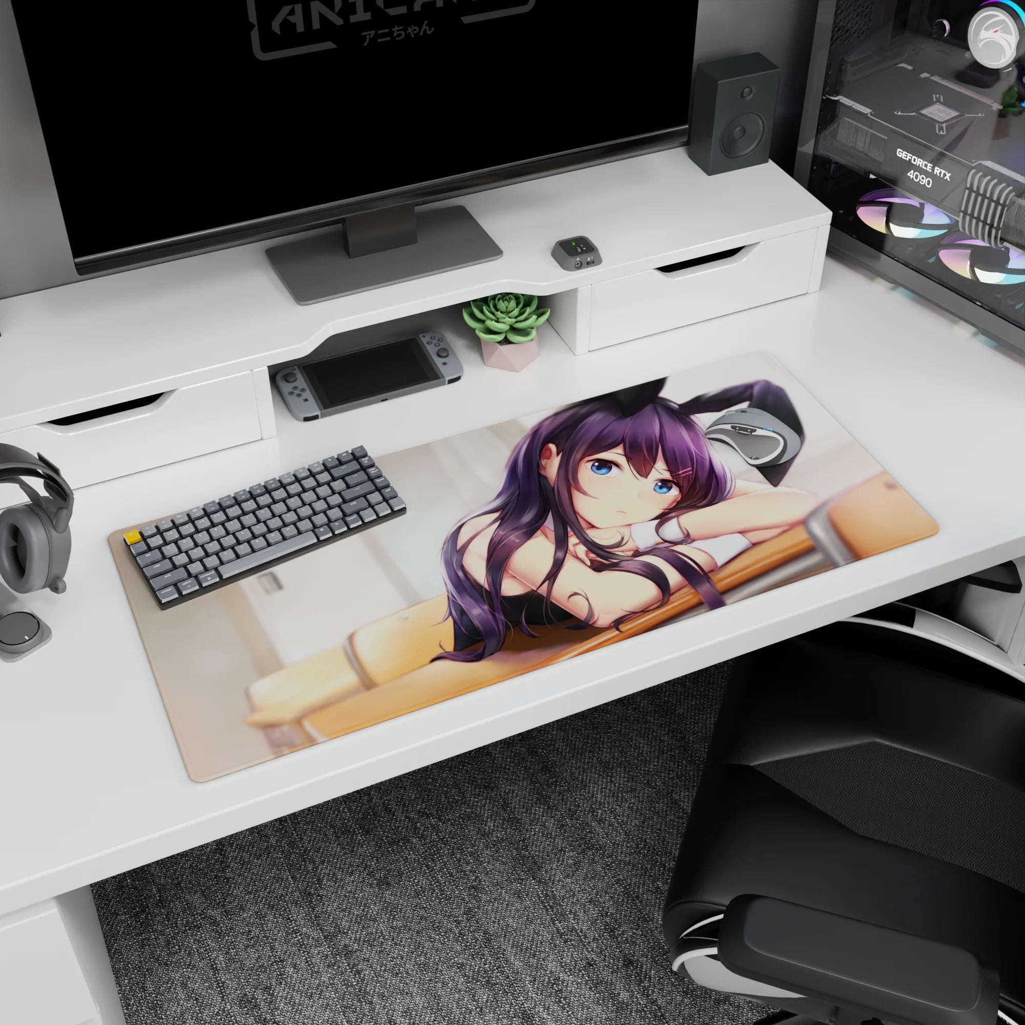 36x16 inches anime girl mouse pad showing bunny-eared violet-haired girl leaning on a wooden desk.
