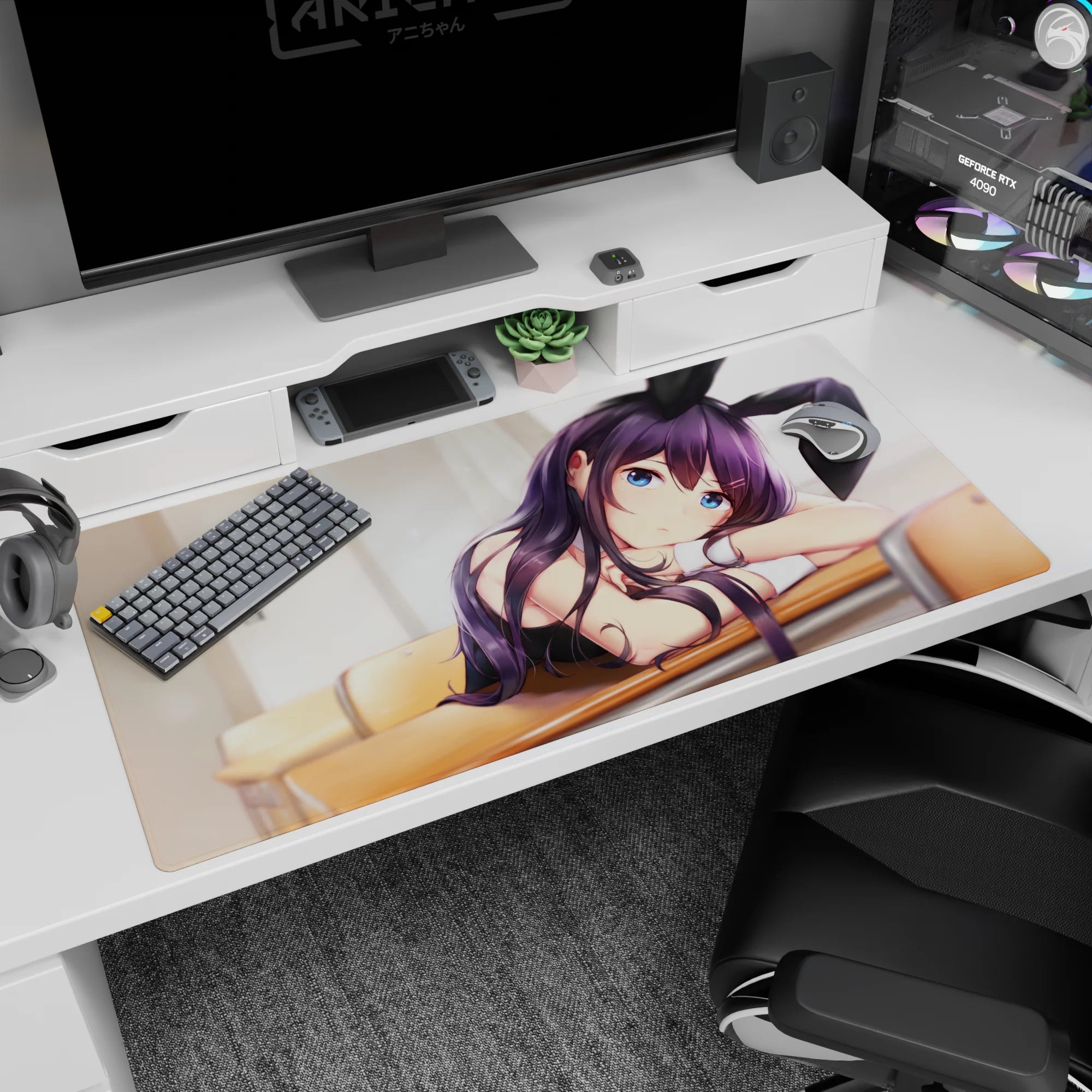 40x20 inches anime desk pad showing a bunny-eared girl leaning over a warm desk, glossy black outfit.