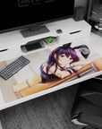 40x20 inches anime desk pad showing a bunny-eared girl leaning over a warm desk, glossy black outfit.