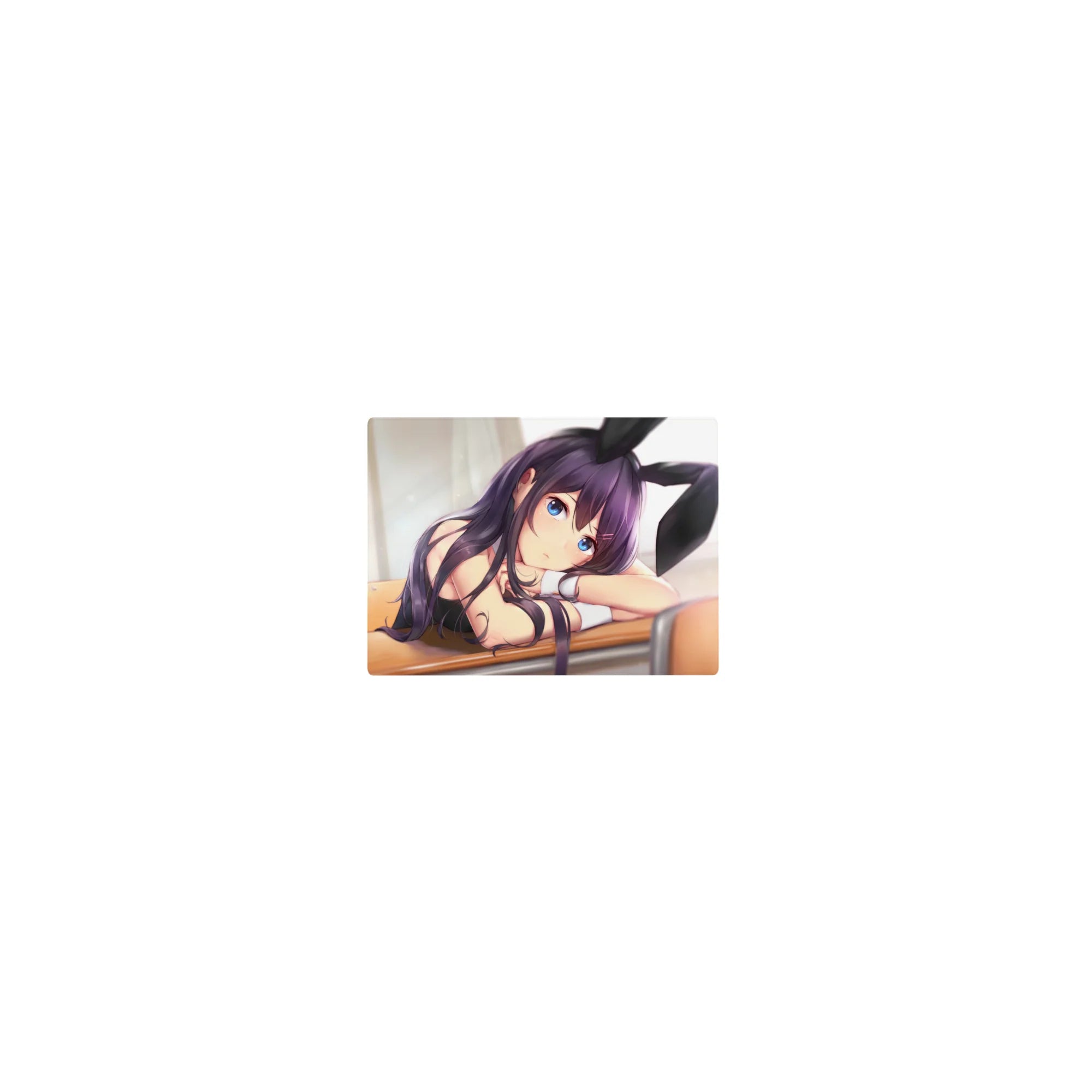 Classic anime girl mouse pad 14x10 inches with violet hair, bunny ears, blue eyes, and glossy black outfit.