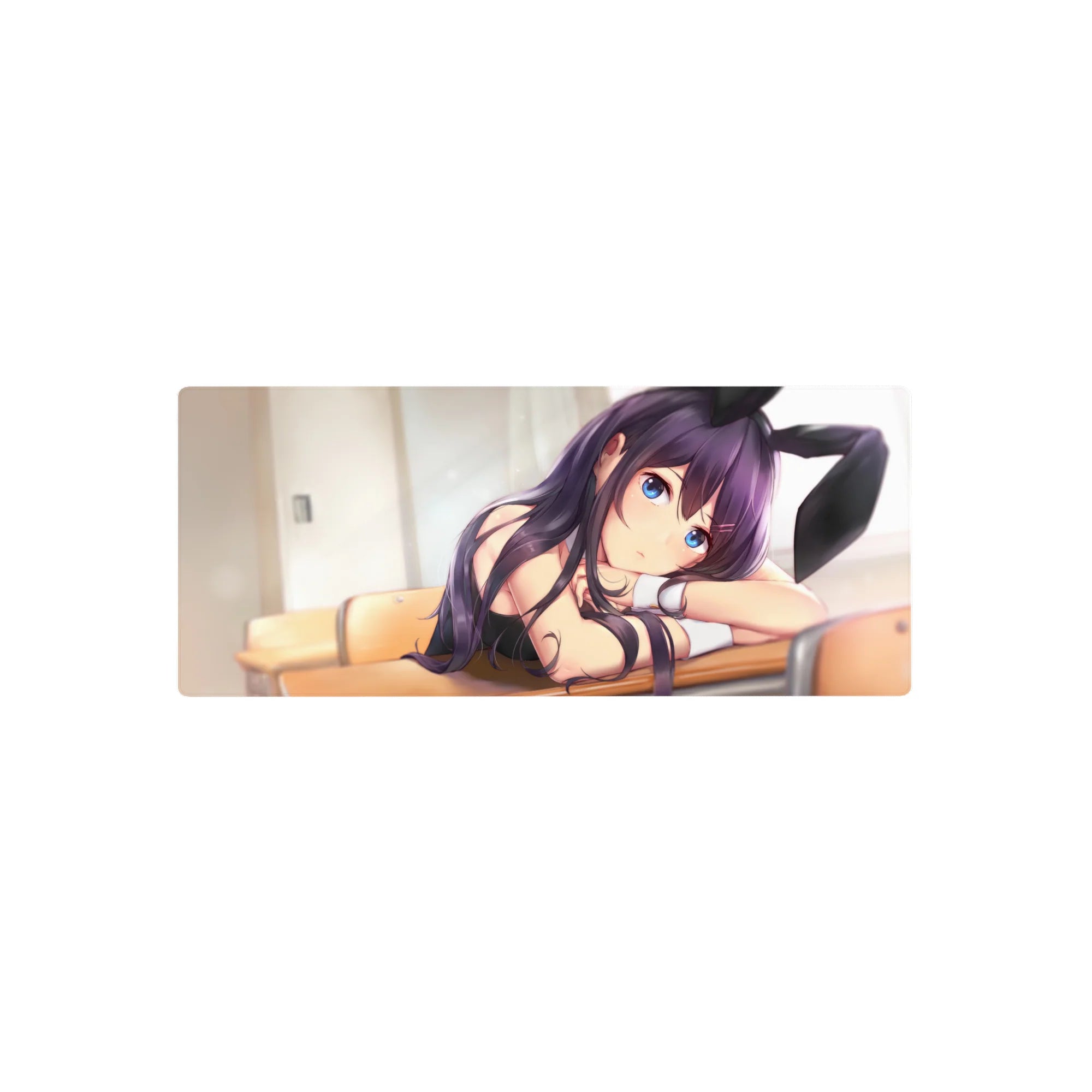 28x12 inches anime girl mouse pad with violet-haired bunny-eared cutie, glossy black outfit, blue eyes.
