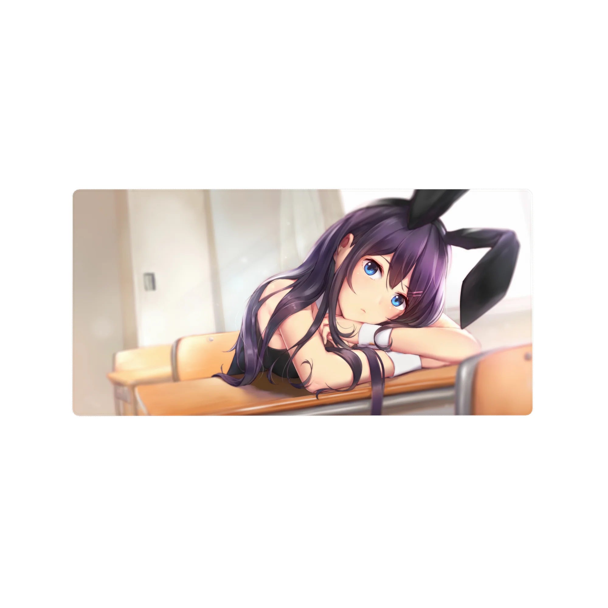 32x16 inches anime girl mouse pad with violet-haired bunny ears cutie, glossy black outfit on desk.