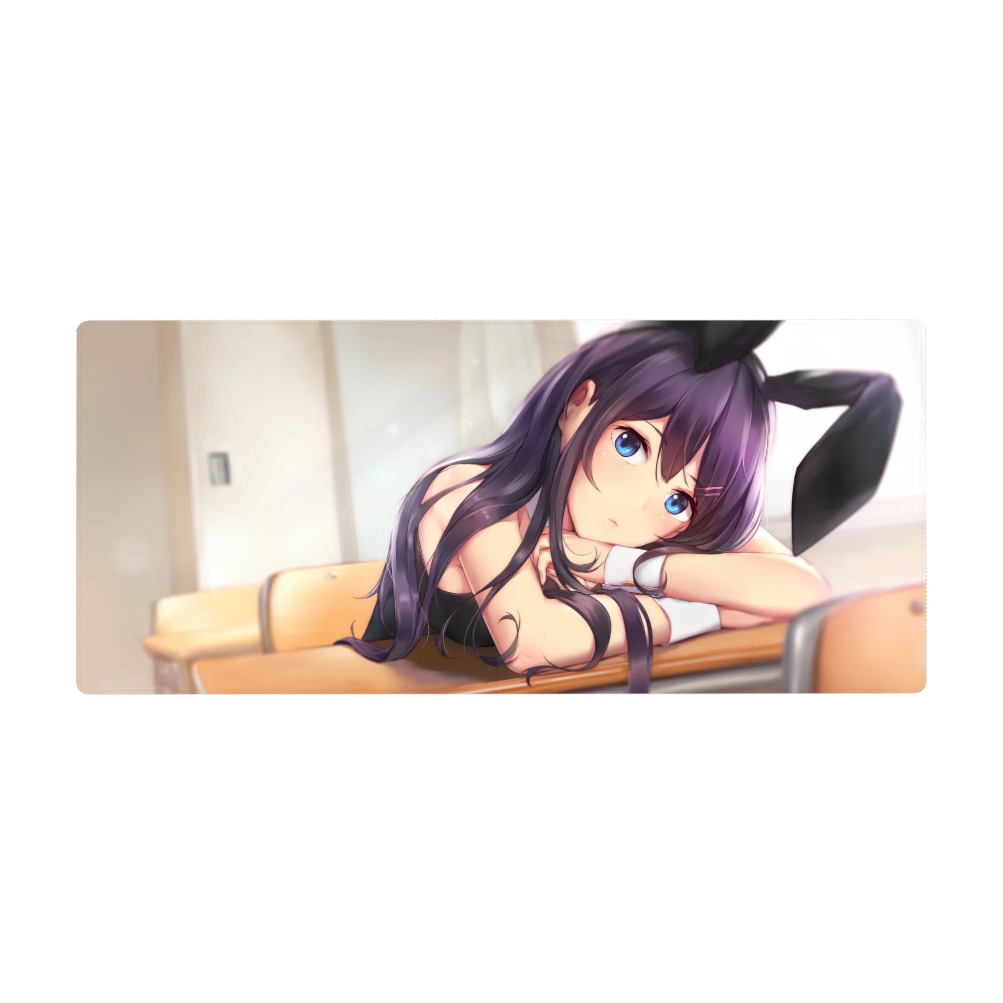 Anime girl desk pad 36x16 inches with violet-haired bunny-eared cutie, glossy black outfit, blue eyes.