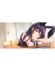 Anime girl desk pad 36x16 inches with violet-haired bunny-eared cutie, glossy black outfit, blue eyes.