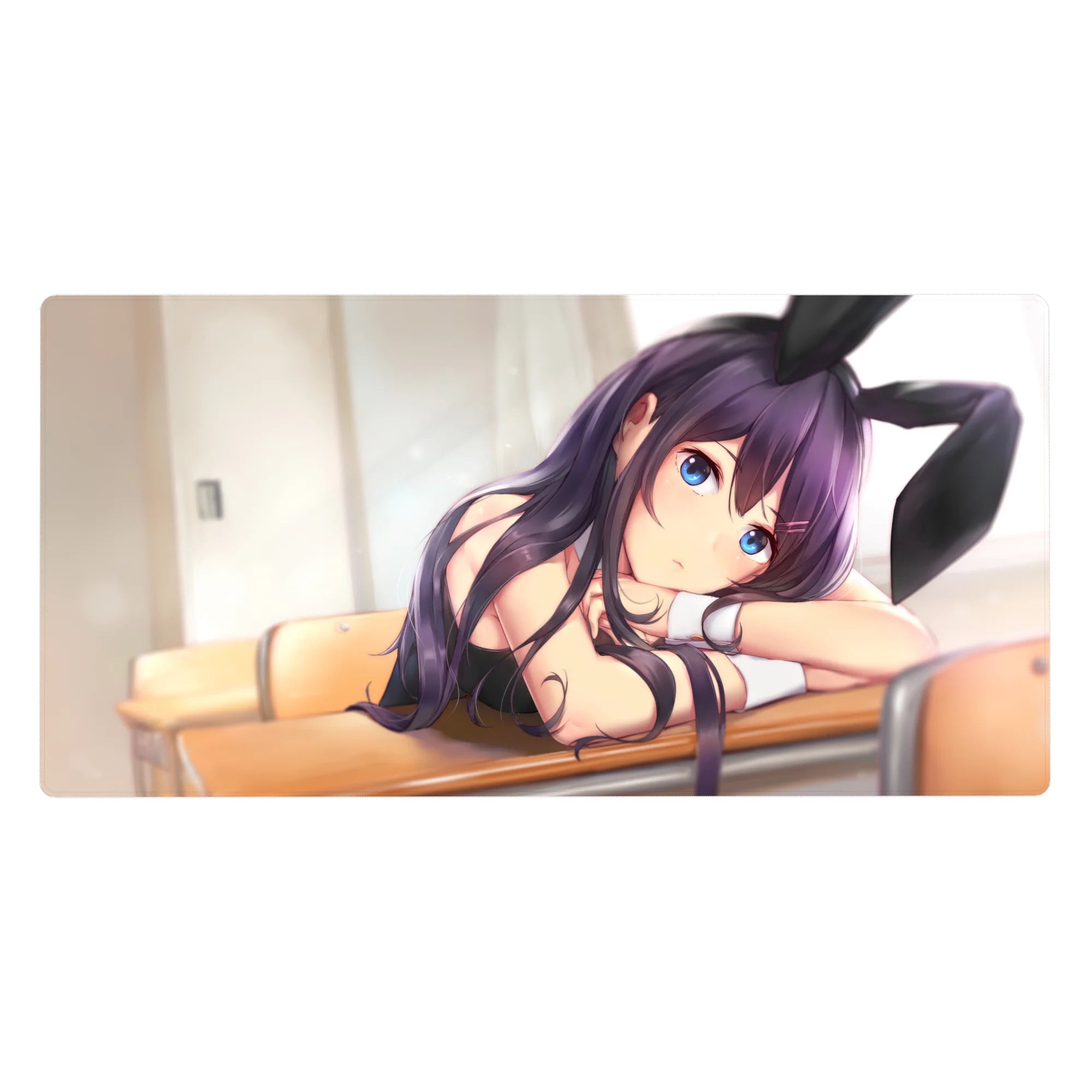 40x20 inches anime girl desk pad with violet-haired bunny-eared cutie on a wooden desk, blue eyes.
