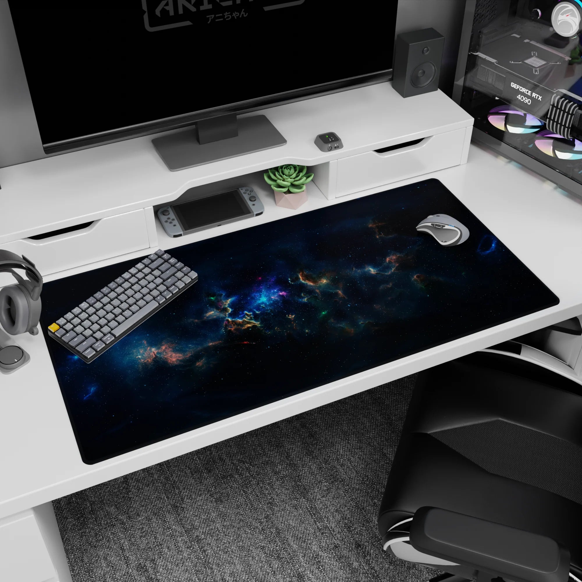 Large 40x20 inch desk pad featuring a dreamy nebula design with swirling navy, teal, and magenta cosmic tones.