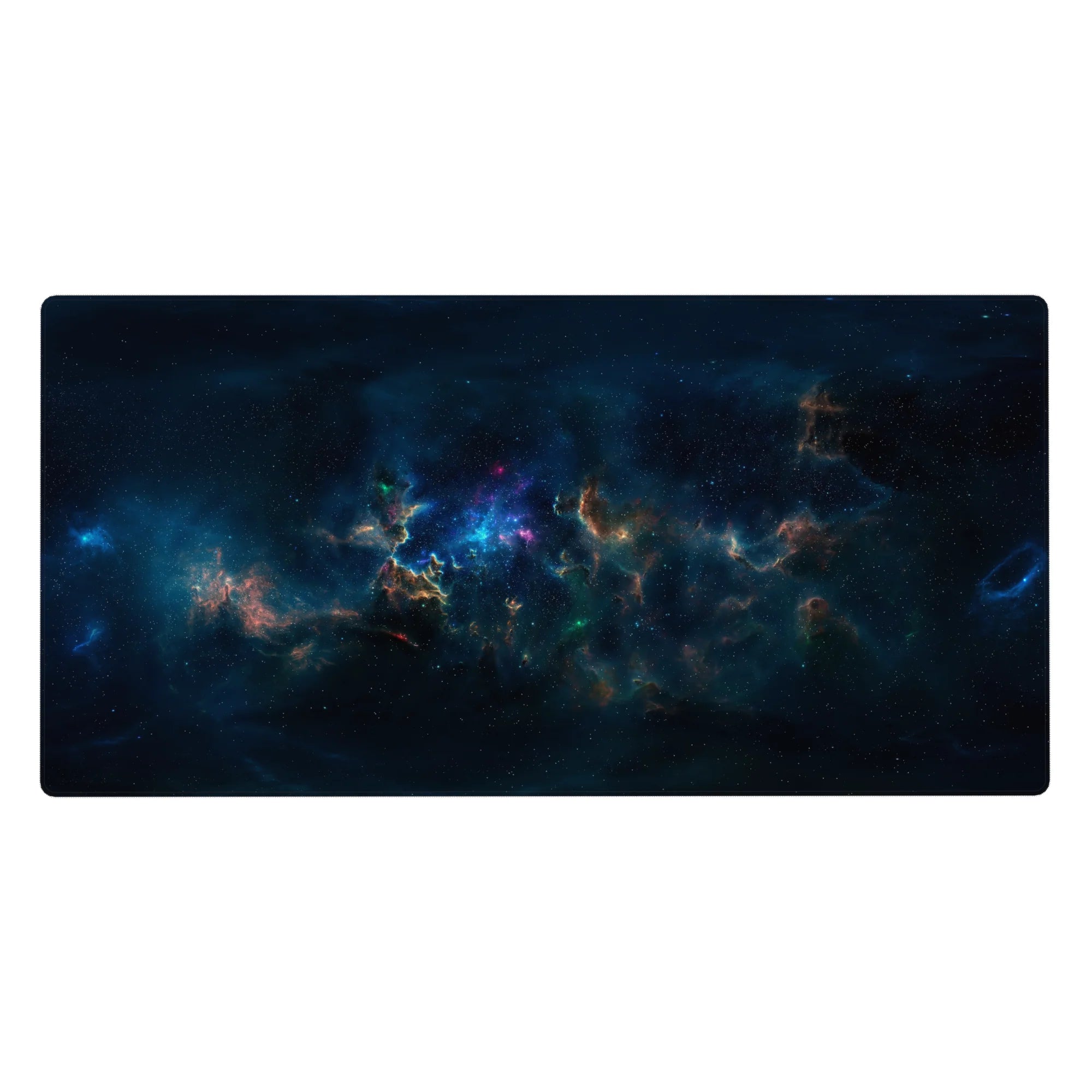 Large 40x20 inch desk pad with dreamy nebula design featuring deep navy, teal, and magenta cosmic swirls.