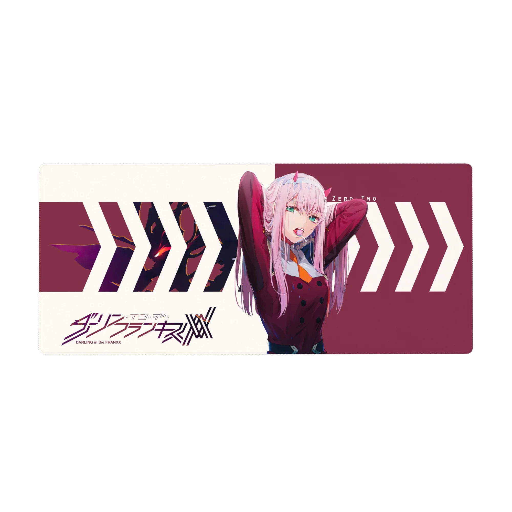 Desk pad with Zero Two from Darling in the Franxx, 36x16 inches, highlighting her striking pose and vibrant colors for a bold design.