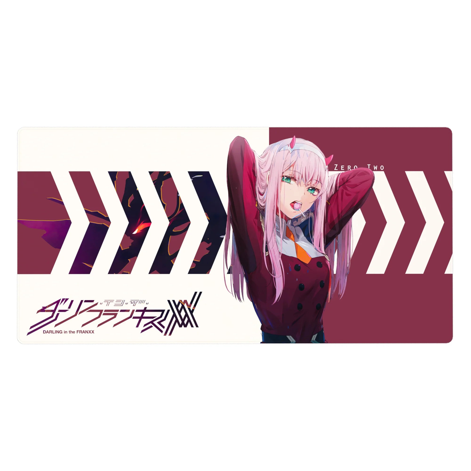 Desk pad featuring Zero Two from Darling in the Franxx, 40x20 inches, with her striking pose and captivating colors.