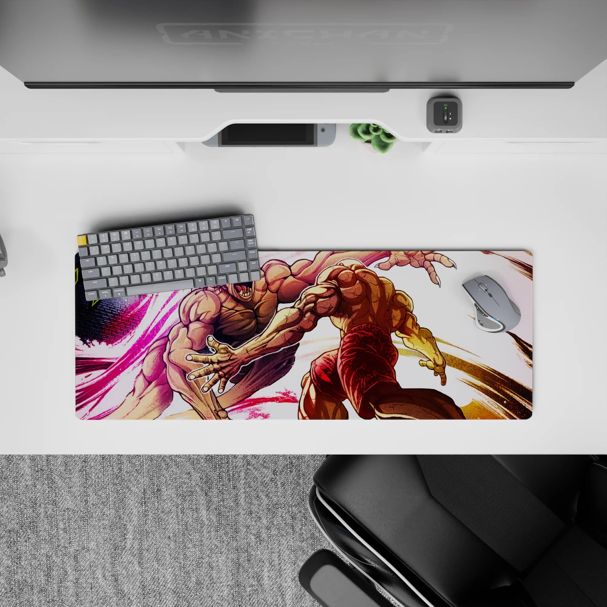 32x12 inches anime mouse pad in neon pink and warm gold, high-impact rage vibe with sharp inked lines.
