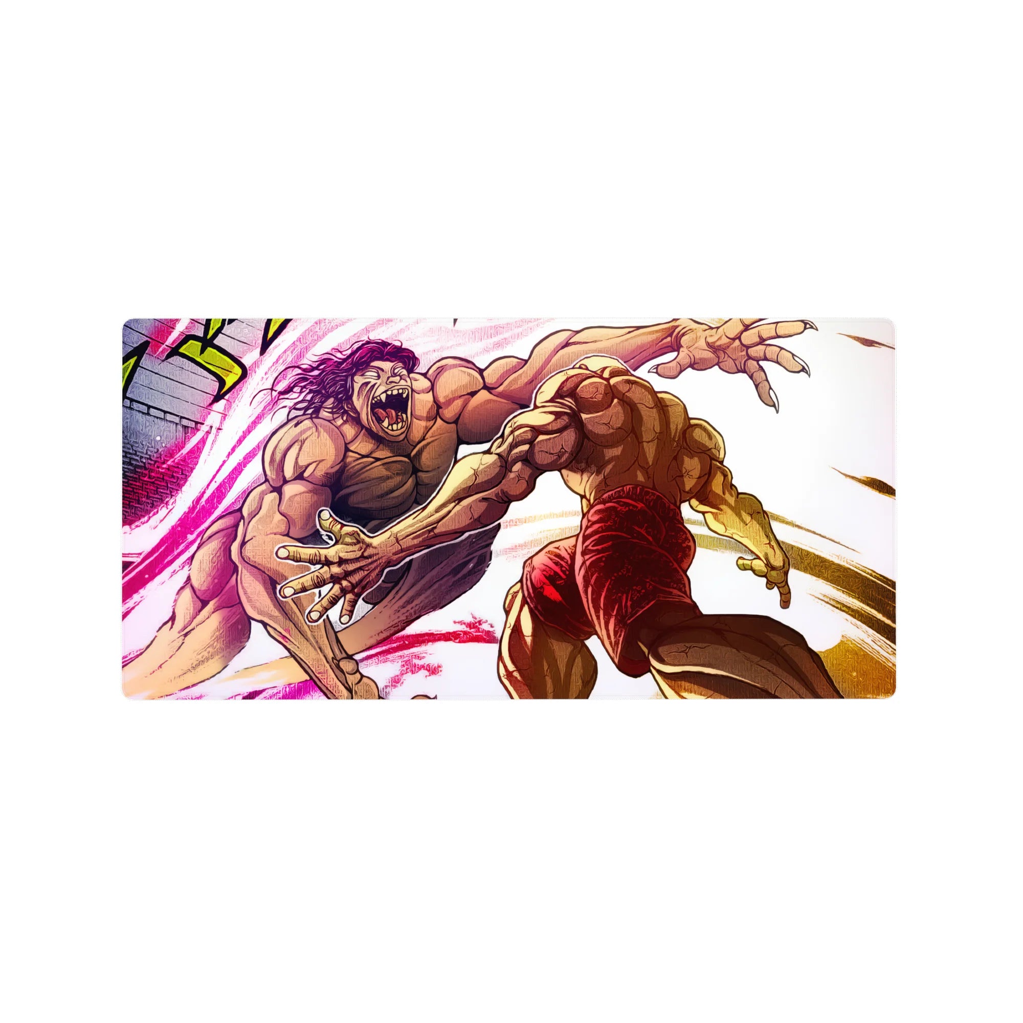 32x16 inches anime mouse pad with two hulking fighters colliding, heavy ink lines and cracked stone.