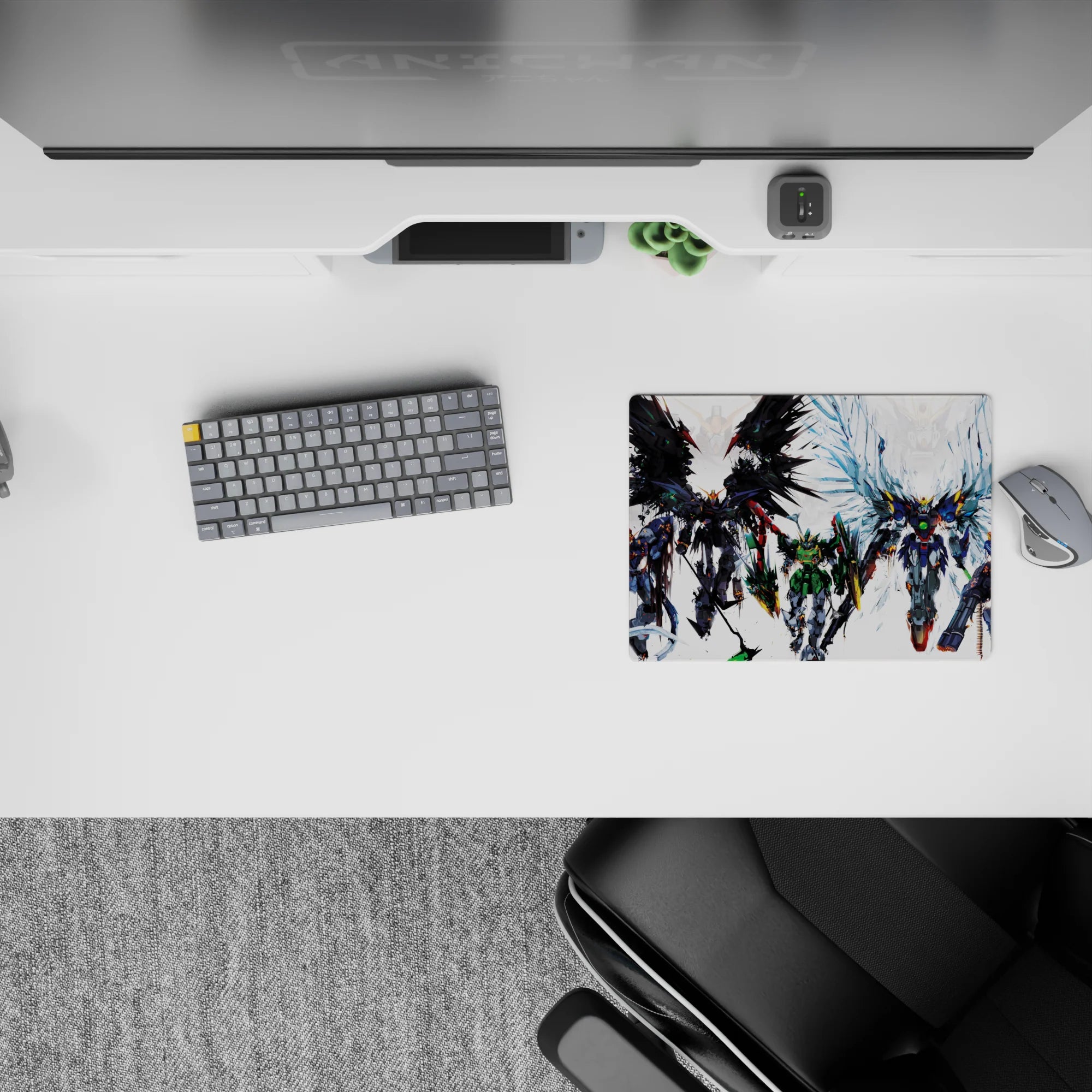 Black, green, and steel-gray anime mouse pad 14x10 inches with icy blue winged mecha, heroic vibe.
