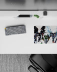 Black, green, and steel-gray anime mouse pad 14x10 inches with icy blue winged mecha, heroic vibe.