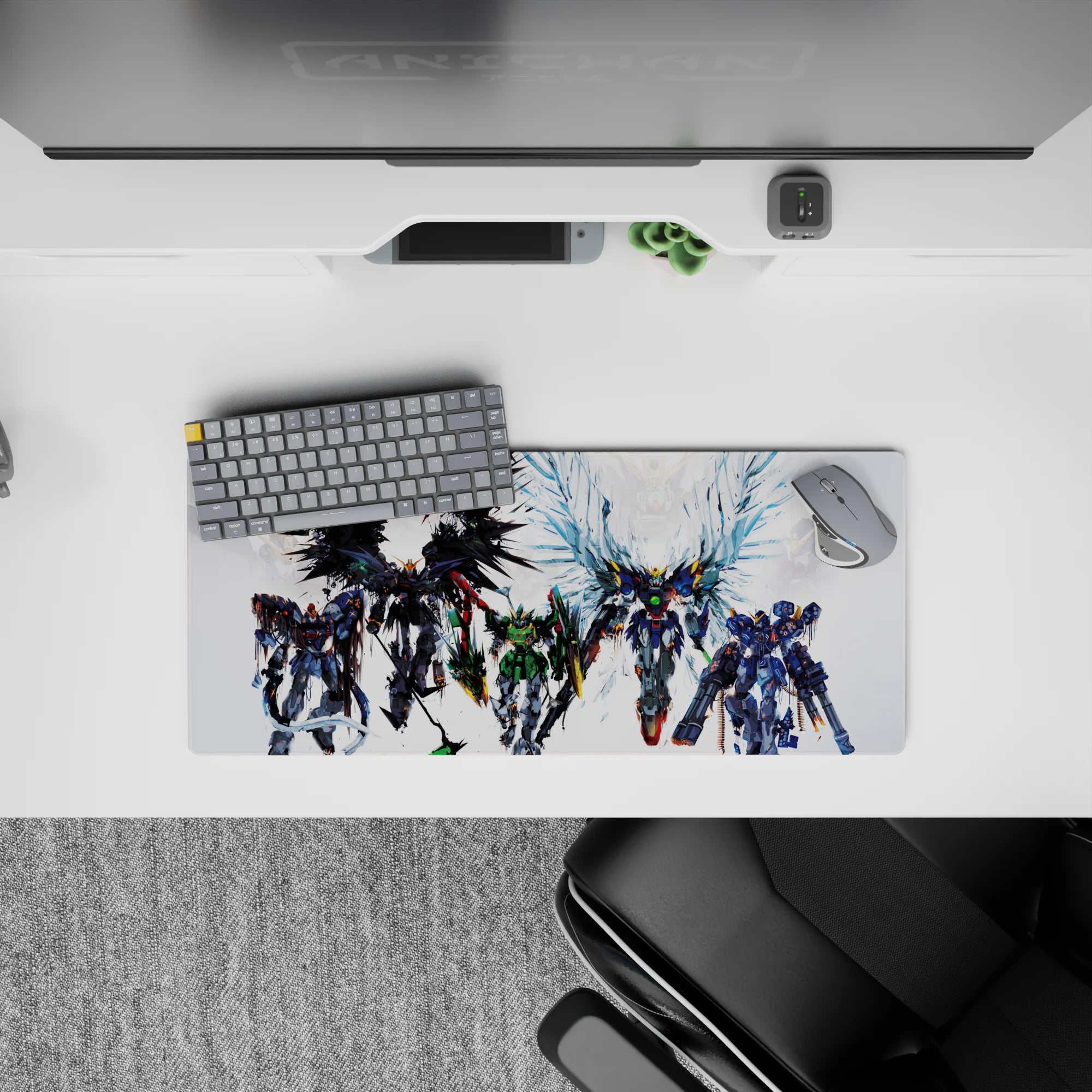 28x12 inches anime mouse pad in black, green, and steel-gray with icy blue accents, loud heroic vibe.