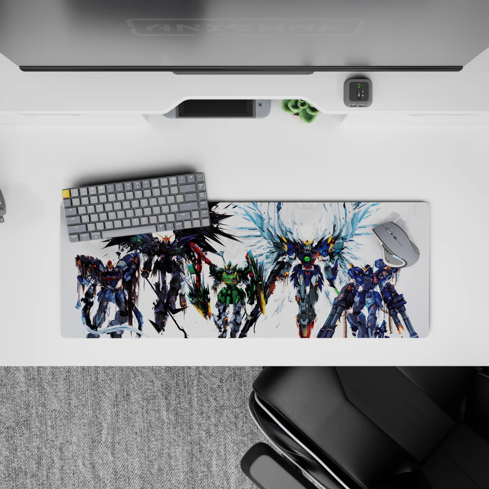 32x12 inches anime mouse pad in black, green, and steel-gray with icy blue wings, fast heroic vibe.