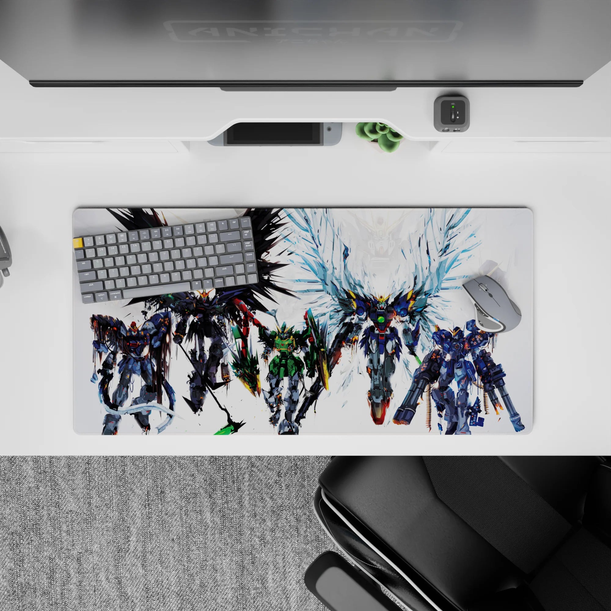 32x16 inches anime mouse pad in black, green, and steel-gray with icy blue wing flare, bold heroic vibe.