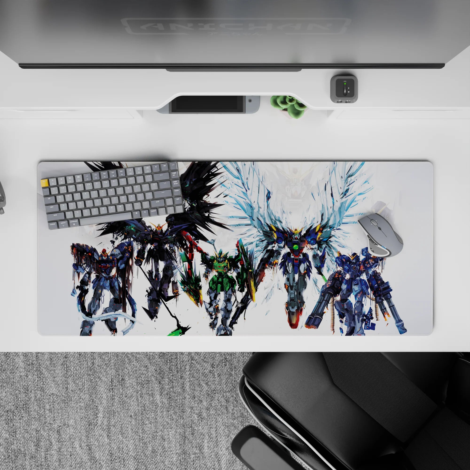 36x16 inches anime desk pad in black, green, and steel gray with icy blue wing glow, fast heroic vibe.